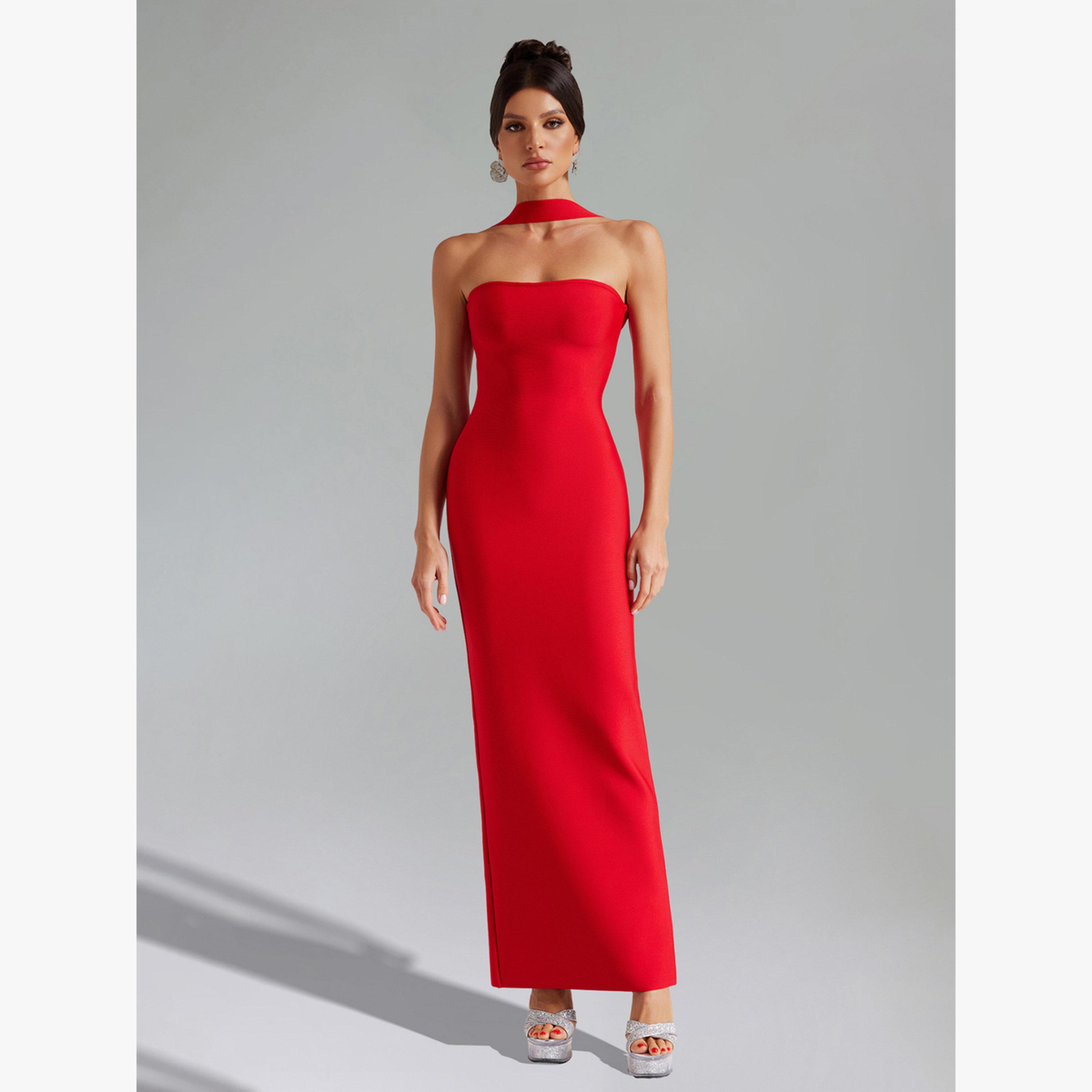Bella Barnett X Styli Women Solid Halter Neck Sheath Maxi Dress-women-clothing-dresses-image-1