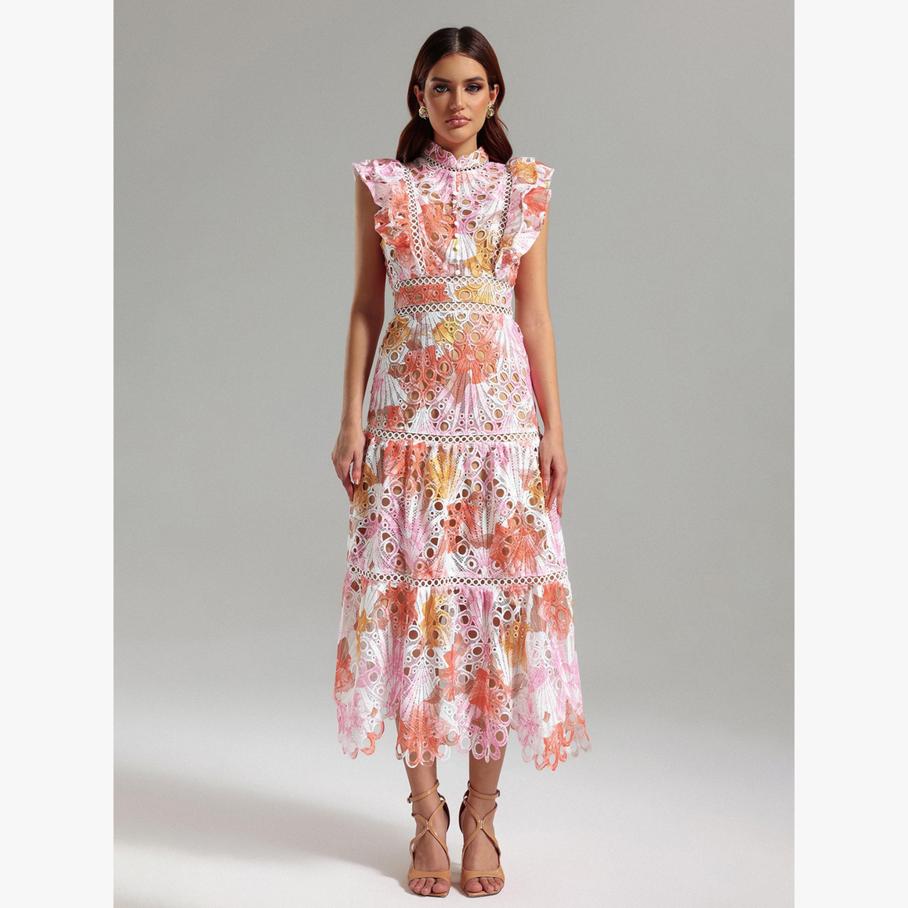 فستان ميدي بلا أكمام وتفاصيل دانتيل مزين بزهور-women-clothing-dresses-image-1