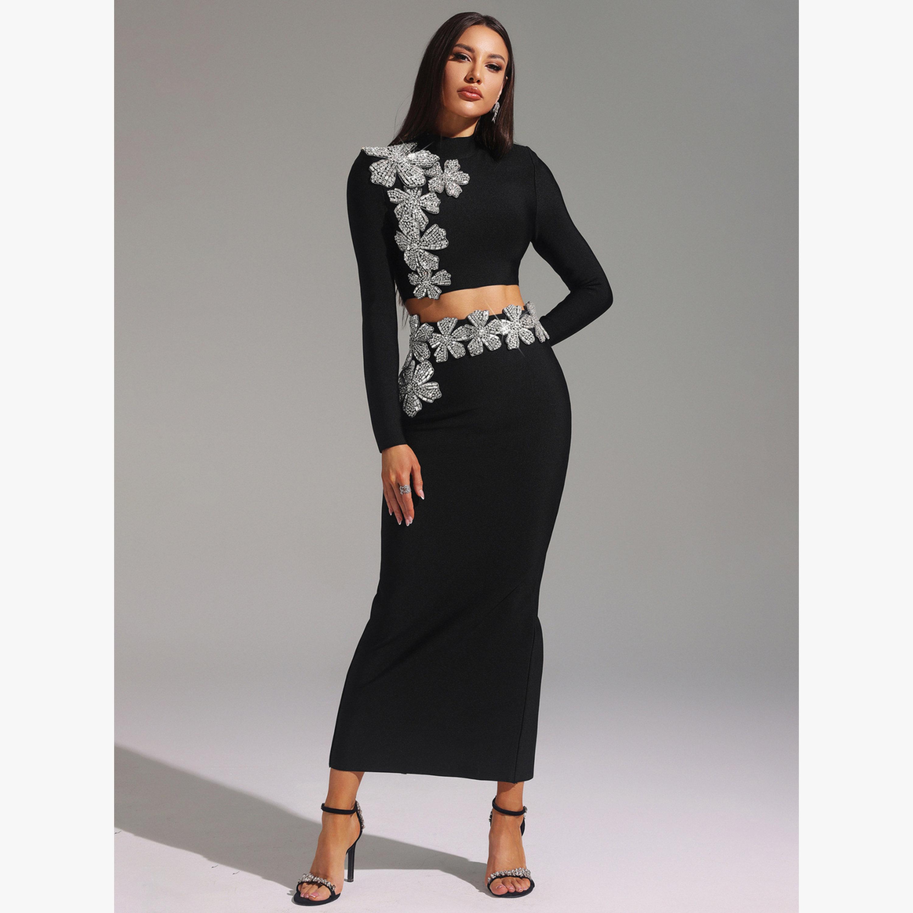 طقم منسق من تنورة طويل وبلوزة قصيرة بياقة عالية-women-clothing-coordsets-image-1