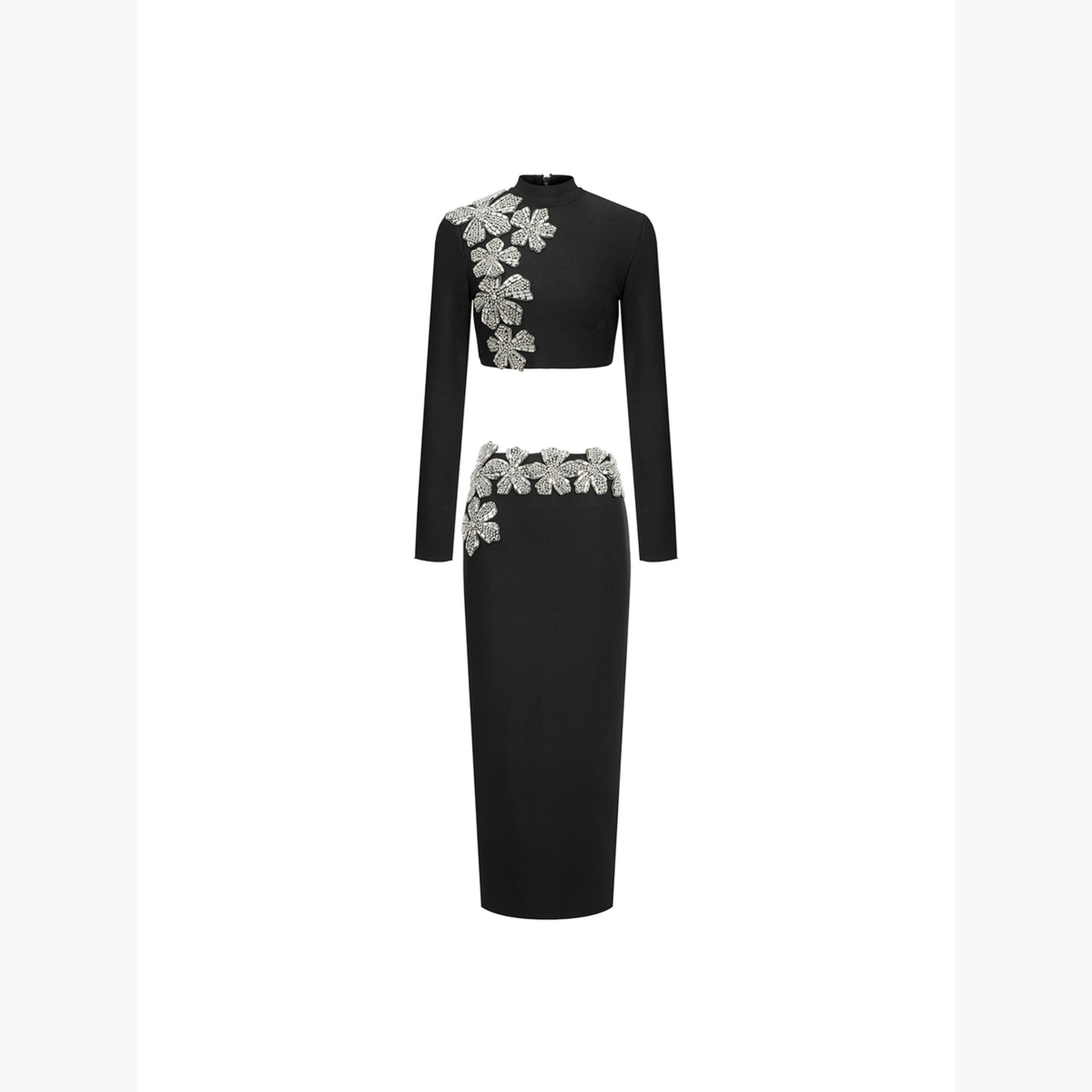 طقم منسق من تنورة طويل وبلوزة قصيرة بياقة عالية-women-clothing-coordsets-image-2