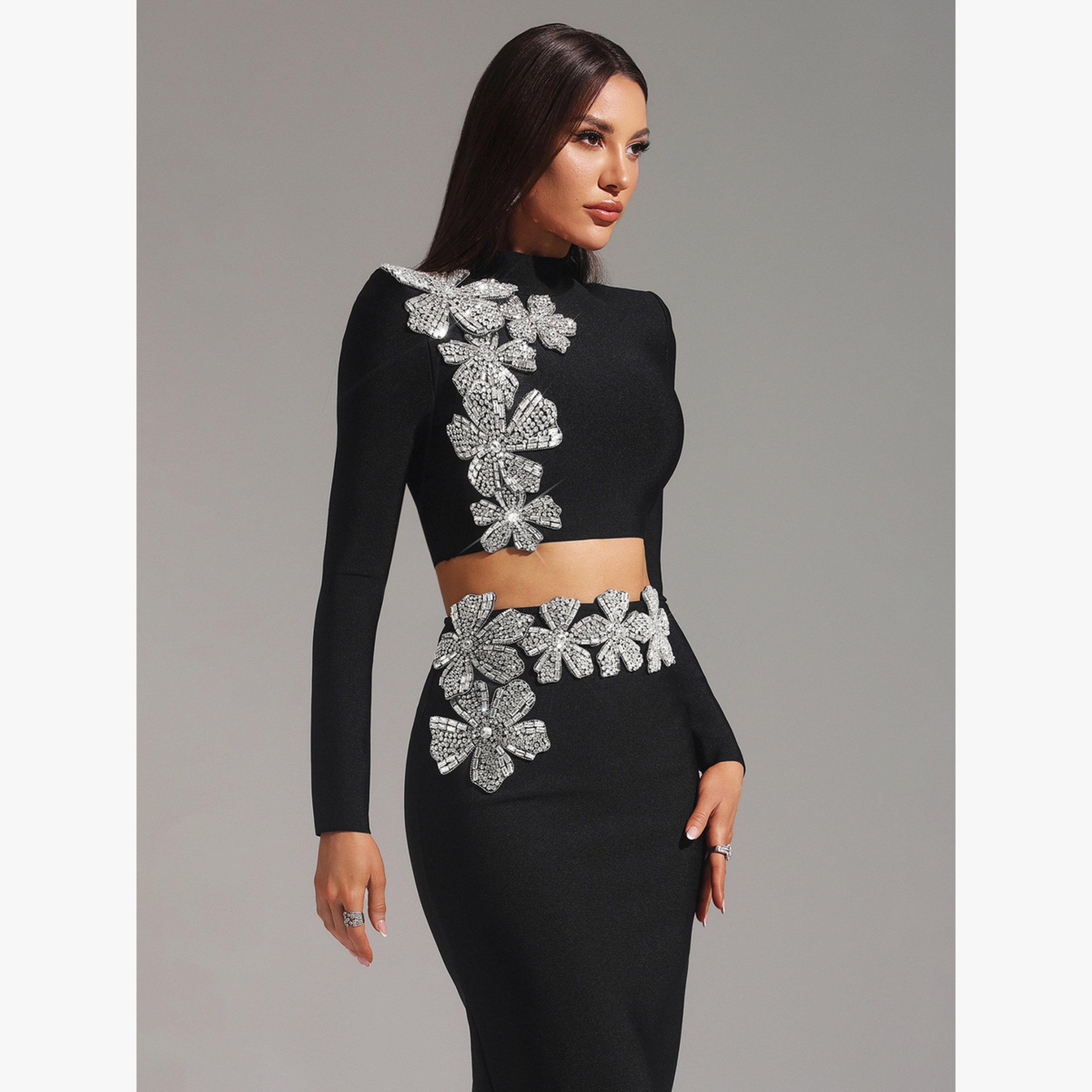 طقم منسق من تنورة طويل وبلوزة قصيرة بياقة عالية-women-clothing-coordsets-image-4