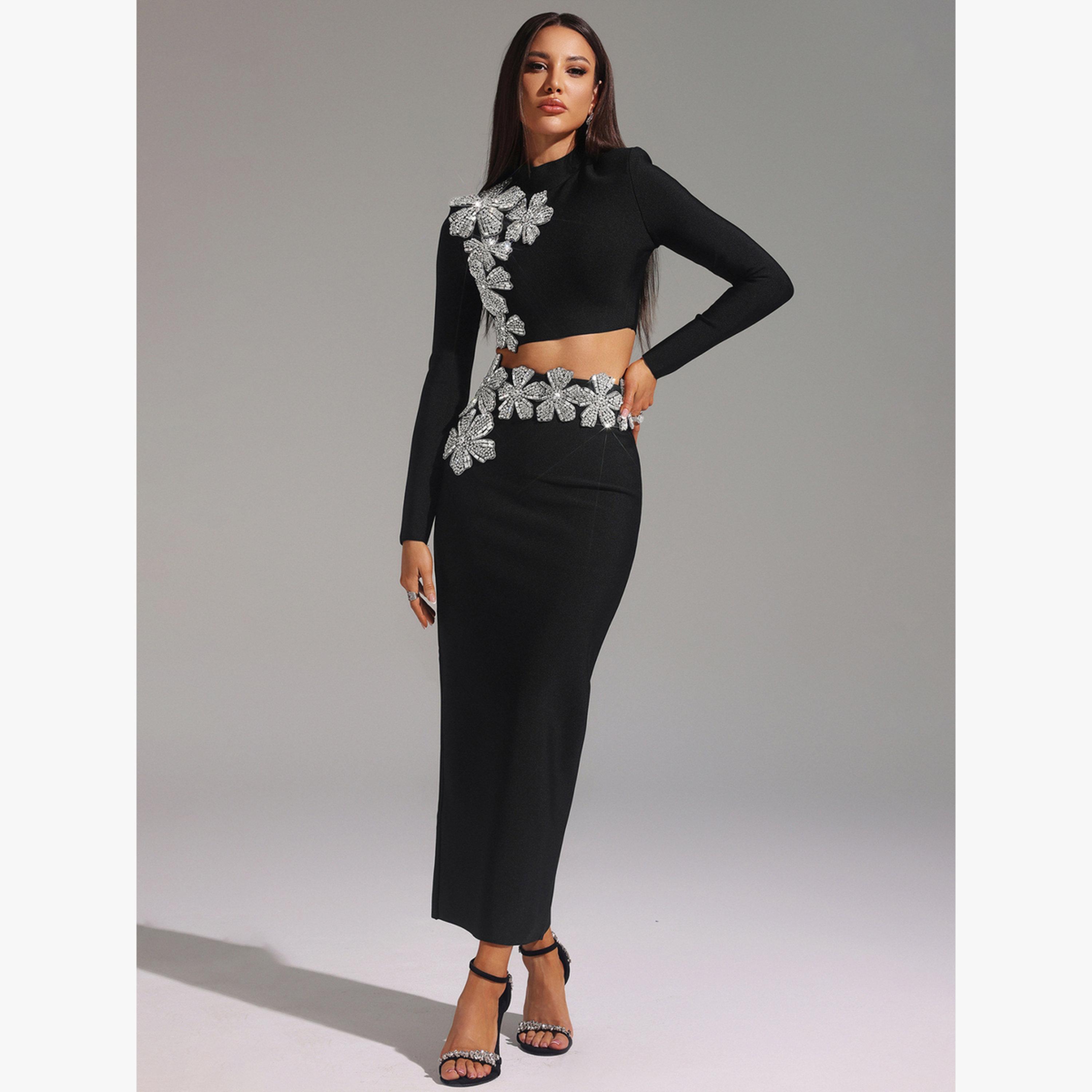 طقم منسق من تنورة طويل وبلوزة قصيرة بياقة عالية-women-clothing-coordsets-image-5