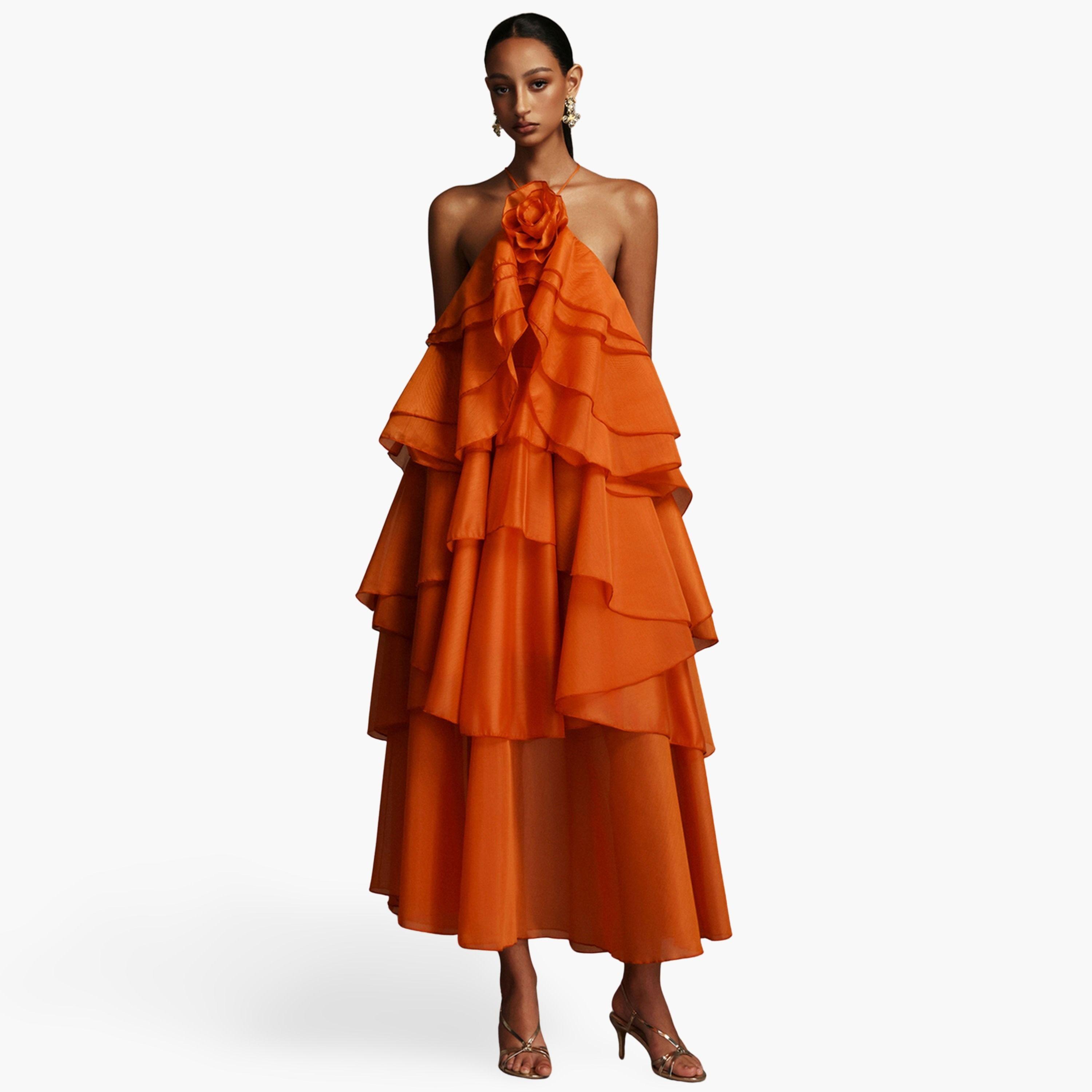 فستان طويل بطبقات وياقة هولتر مع كشكش-women-clothing-dresses-image-1