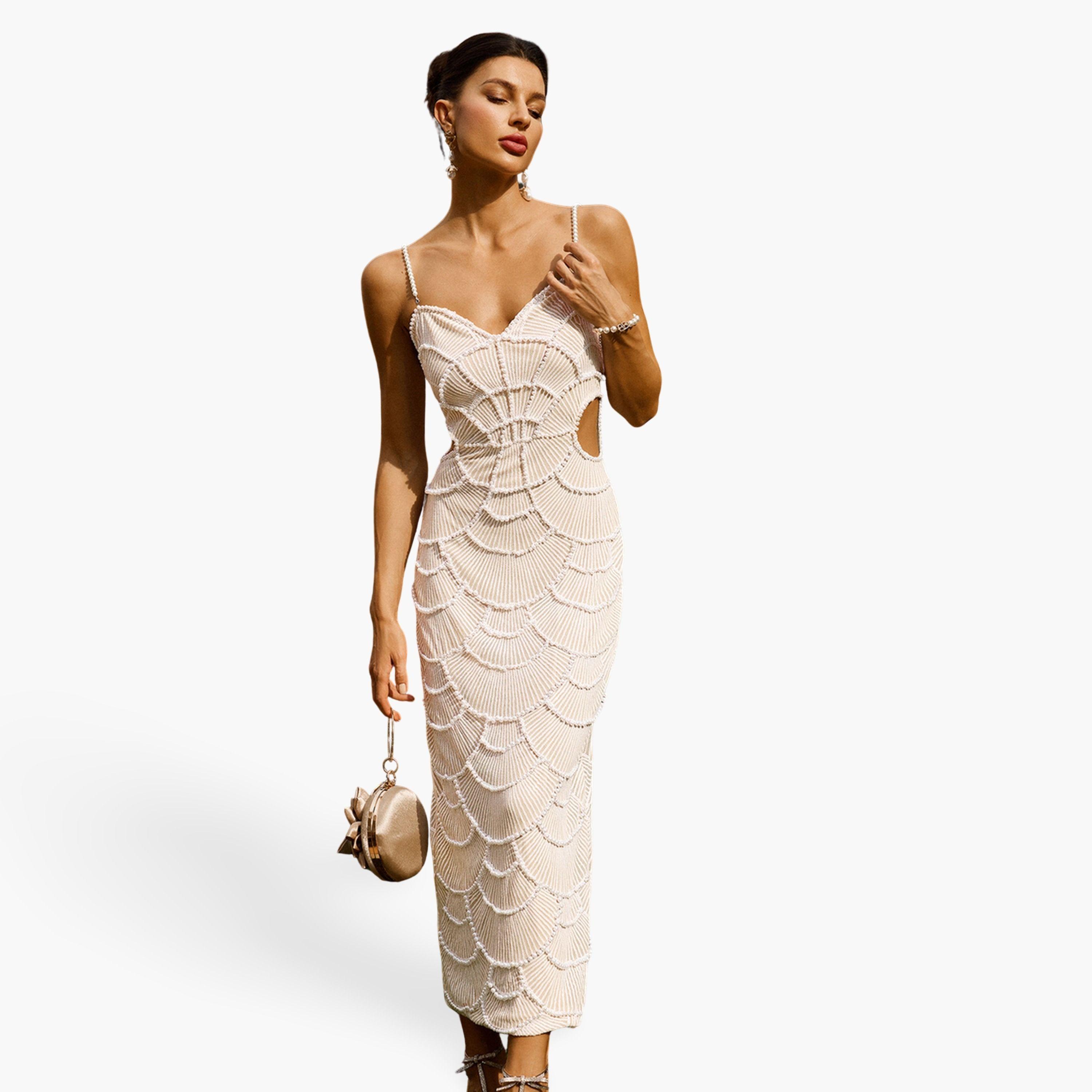 Bella Barnett X Styli Women Textured Faux Pearl Cut Out Detail Midi Dress-women-clothing-dresses-image-1