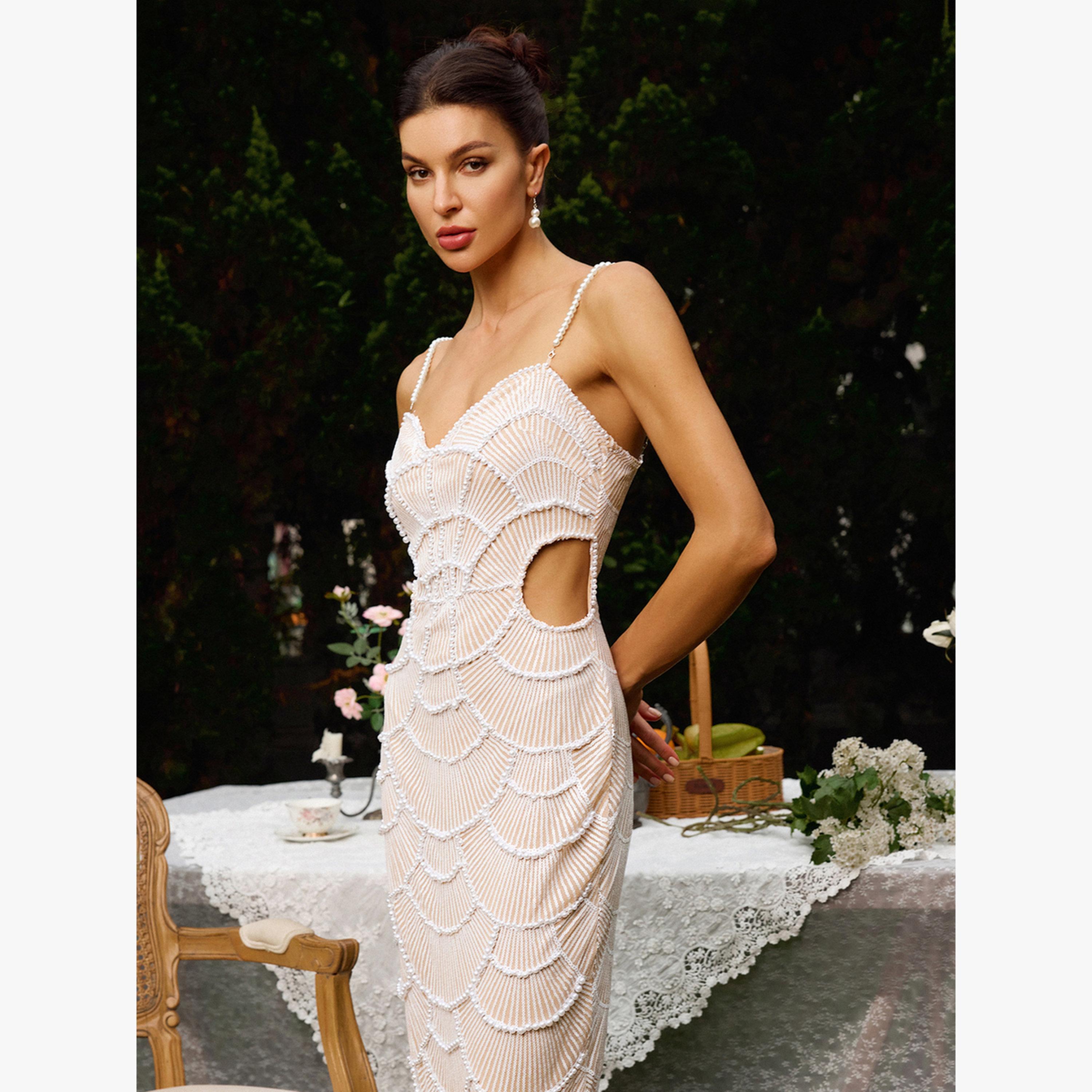 Bella Barnett X Styli Women Textured Faux Pearl Cut Out Detail Midi Dress-women-clothing-dresses-image-3