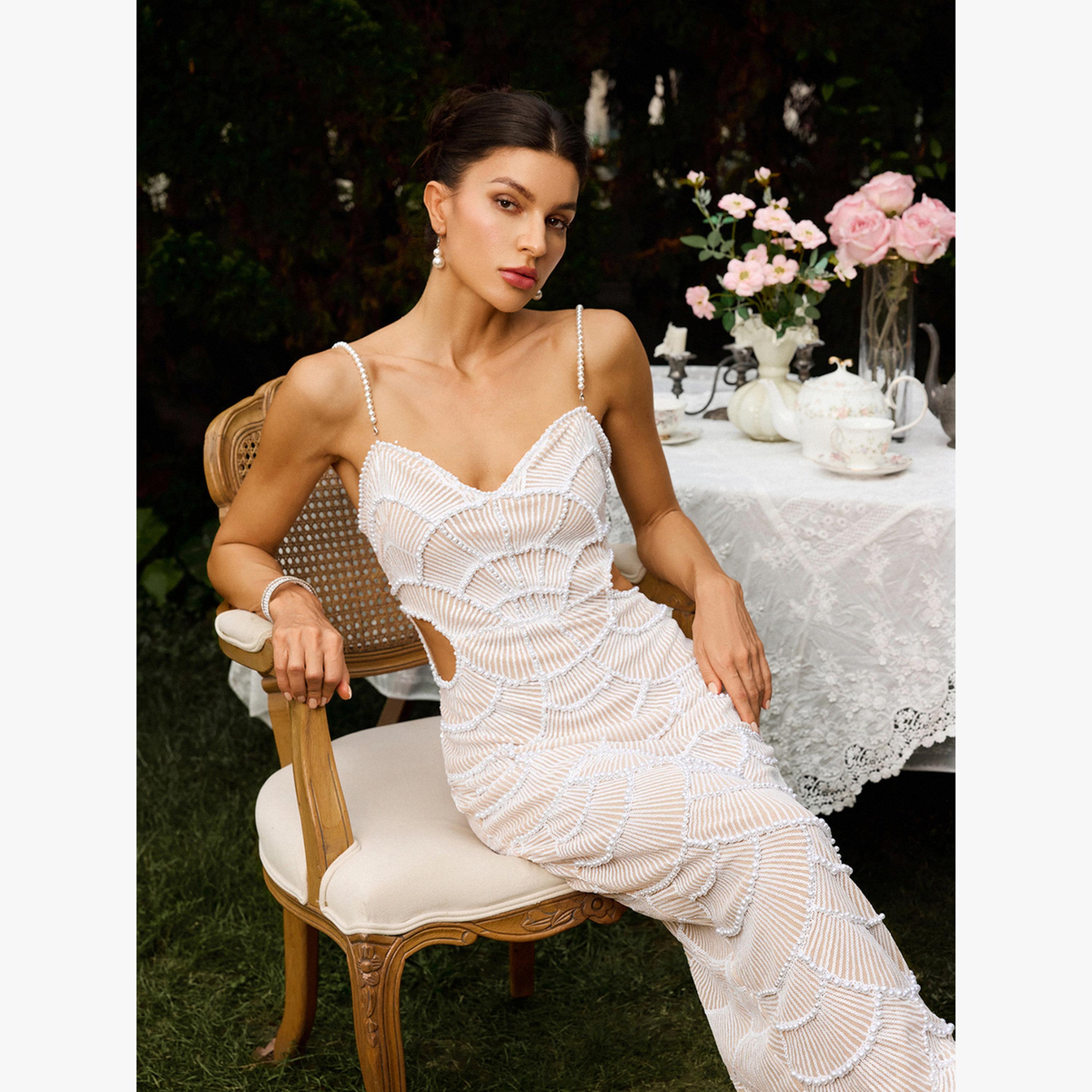 Bella Barnett X Styli Women Textured Faux Pearl Cut Out Detail Midi Dress-women-clothing-dresses-image-5