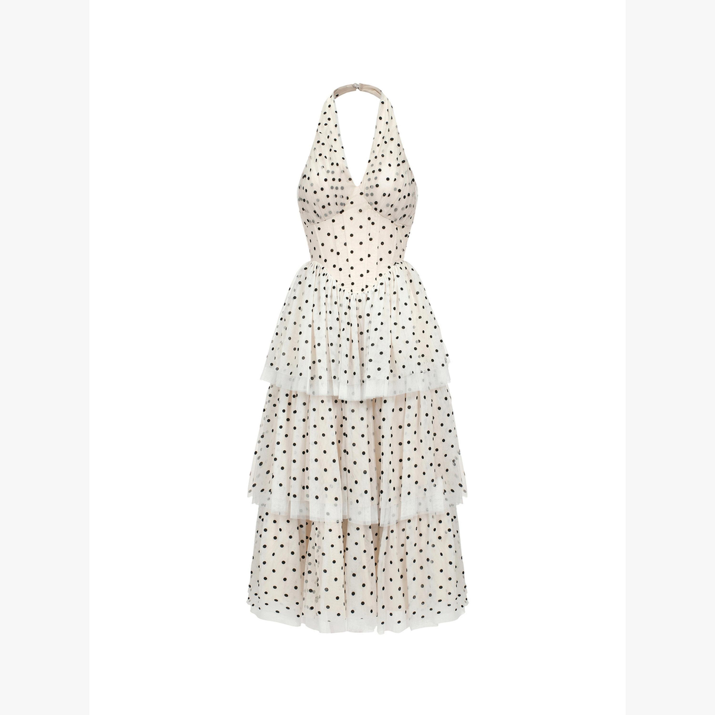 فستان ميدي بطبقات وطبعة نقاط بولكا مع ياقة هولتر-women-clothing-dresses-image-2