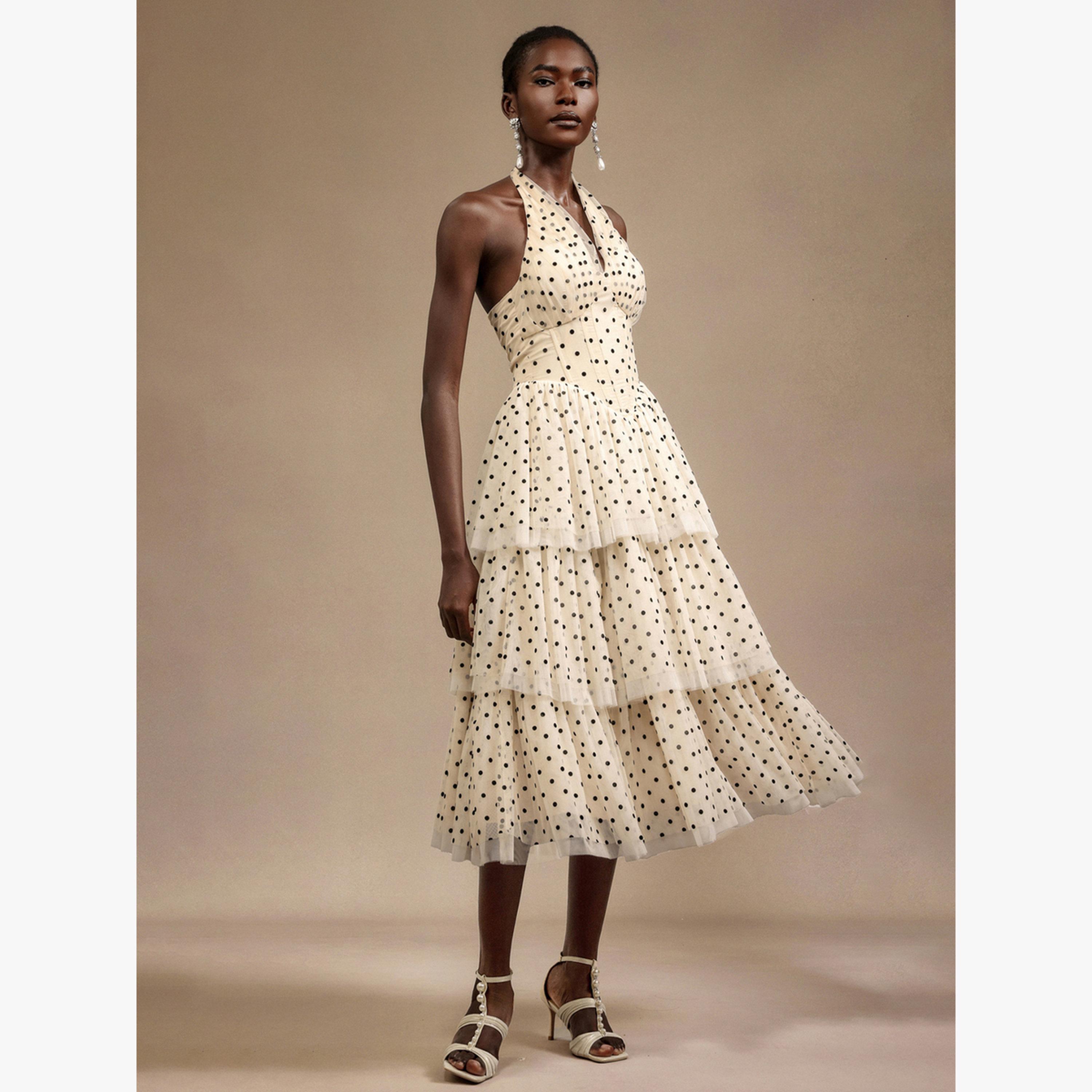 فستان ميدي بطبقات وطبعة نقاط بولكا مع ياقة هولتر-women-clothing-dresses-image-3