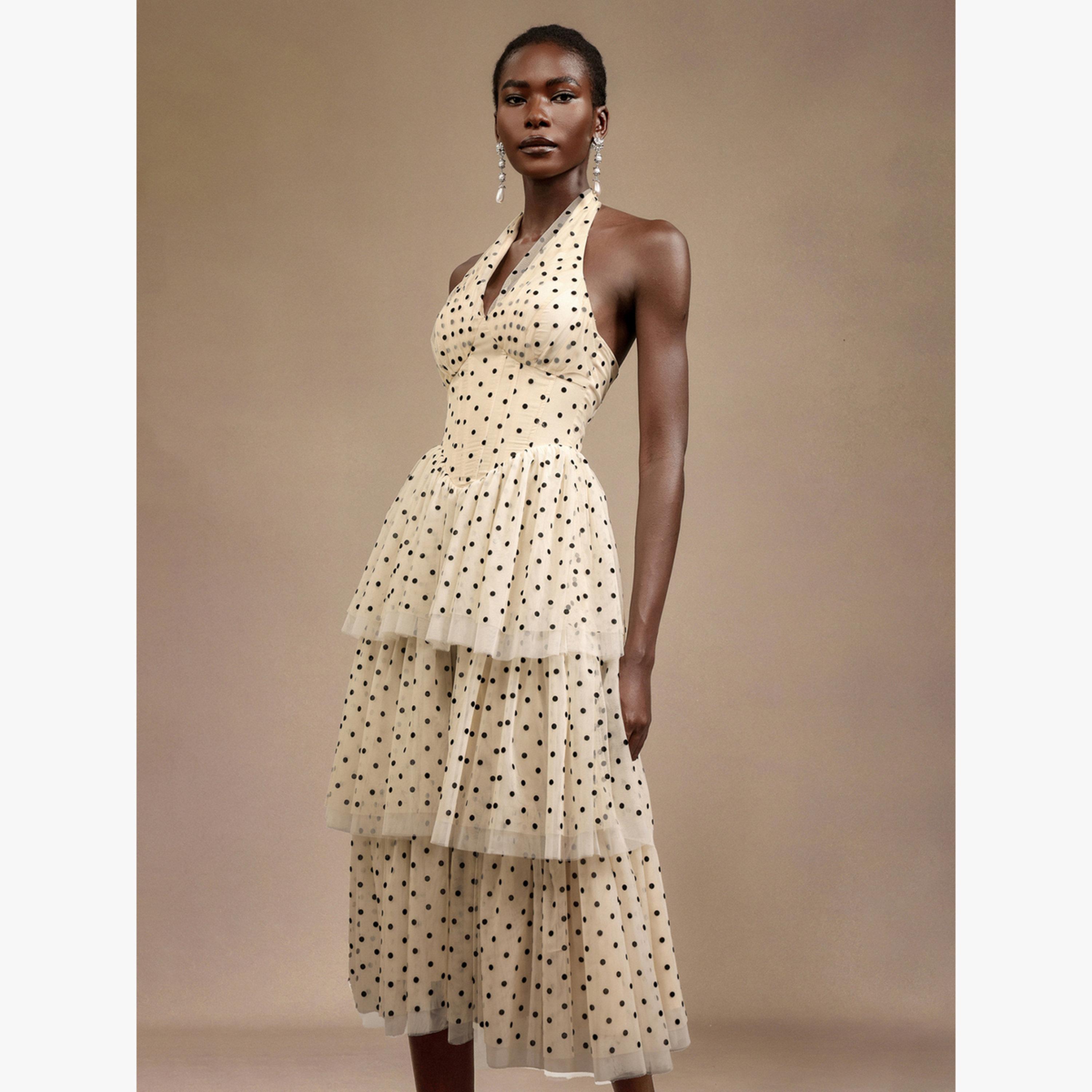 فستان ميدي بطبقات وطبعة نقاط بولكا مع ياقة هولتر-women-clothing-dresses-image-4