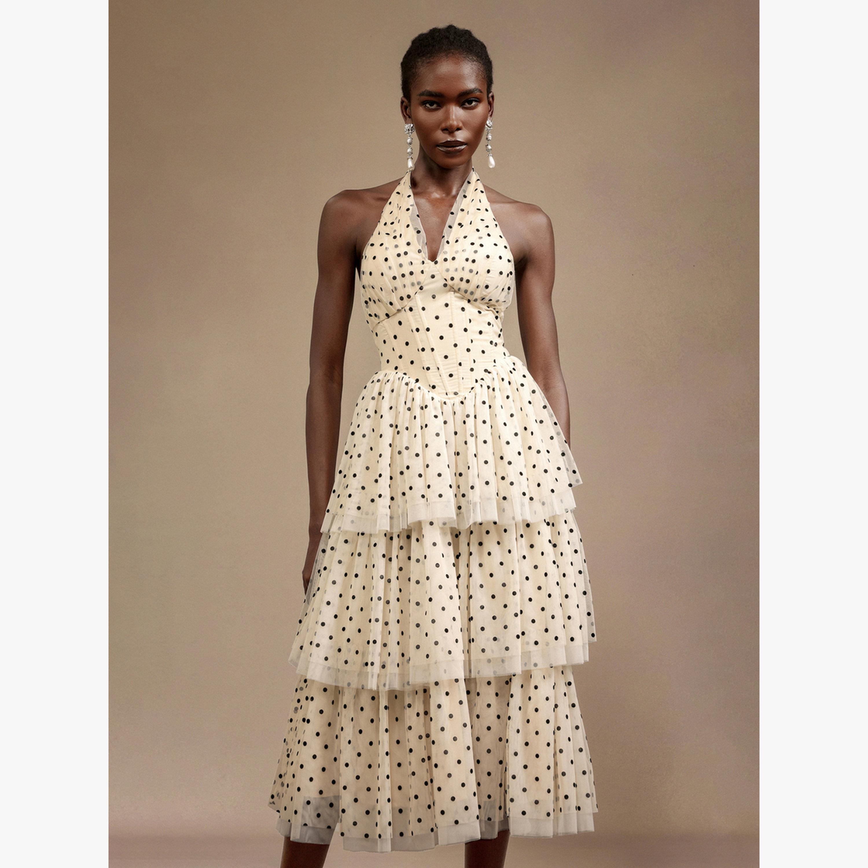 فستان ميدي بطبقات وطبعة نقاط بولكا مع ياقة هولتر-women-clothing-dresses-image-5