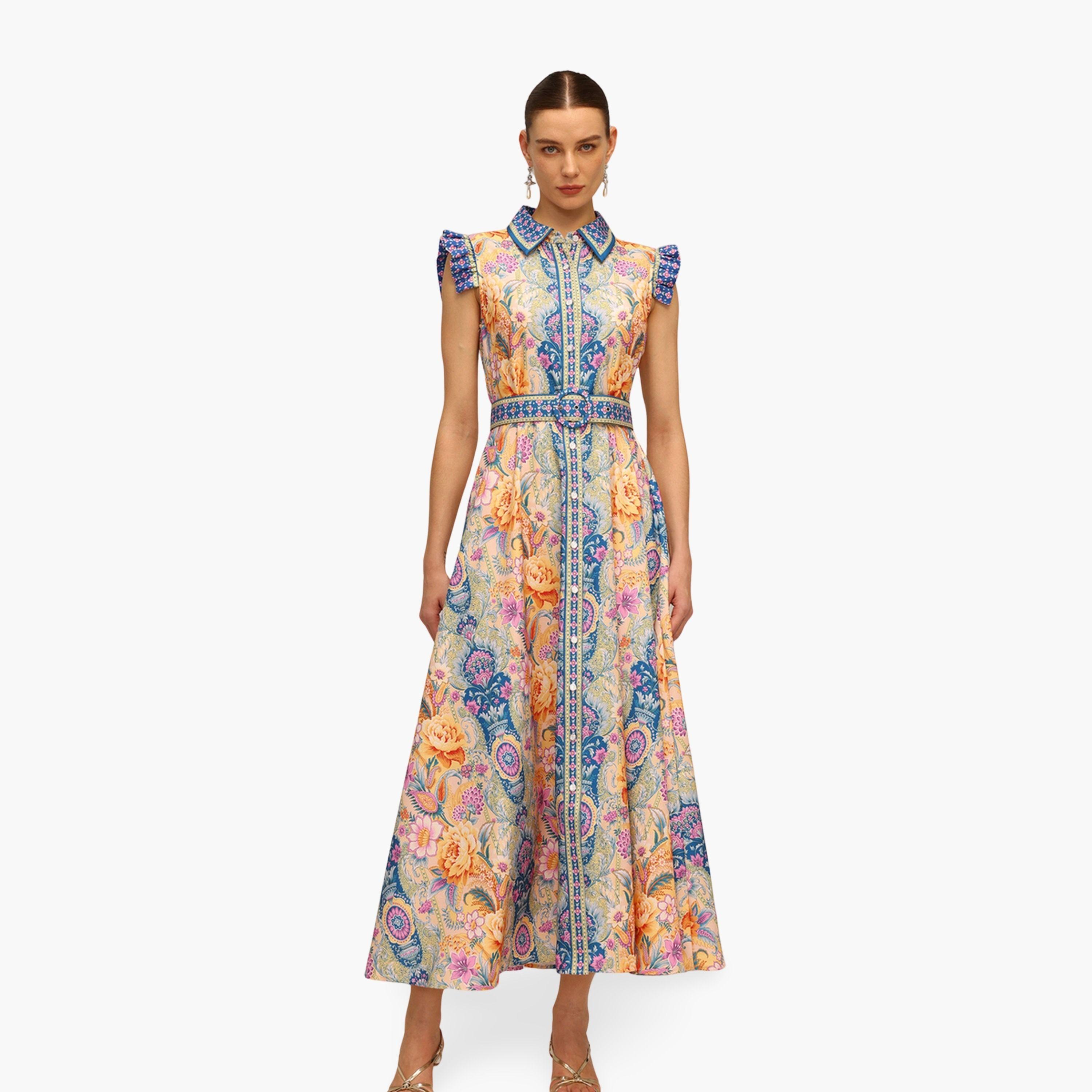 فستان طويل بلا أكمام بحزام وطبعة زهور-women-clothing-dresses-image-1