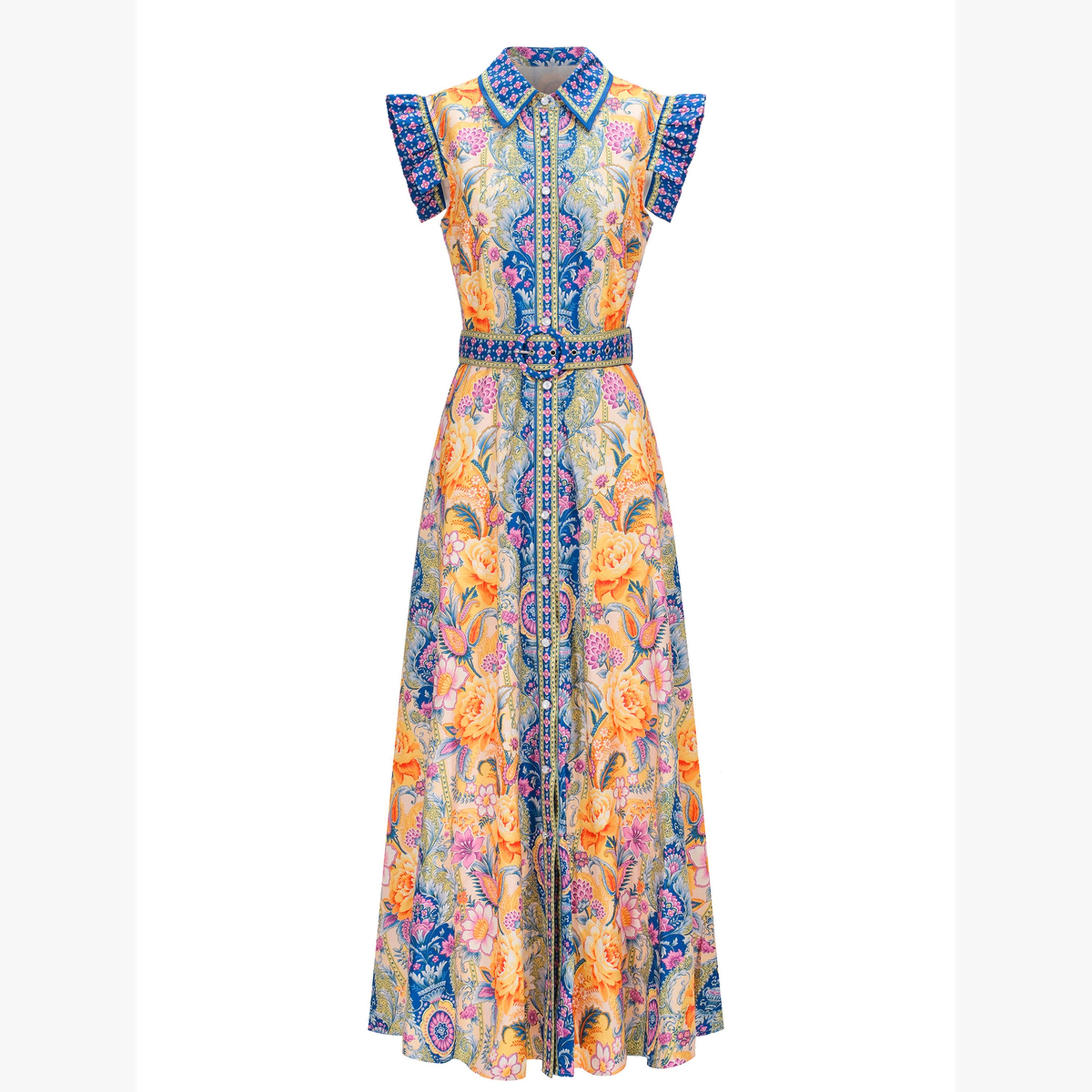 فستان طويل بلا أكمام بحزام وطبعة زهور-women-clothing-dresses-image-2