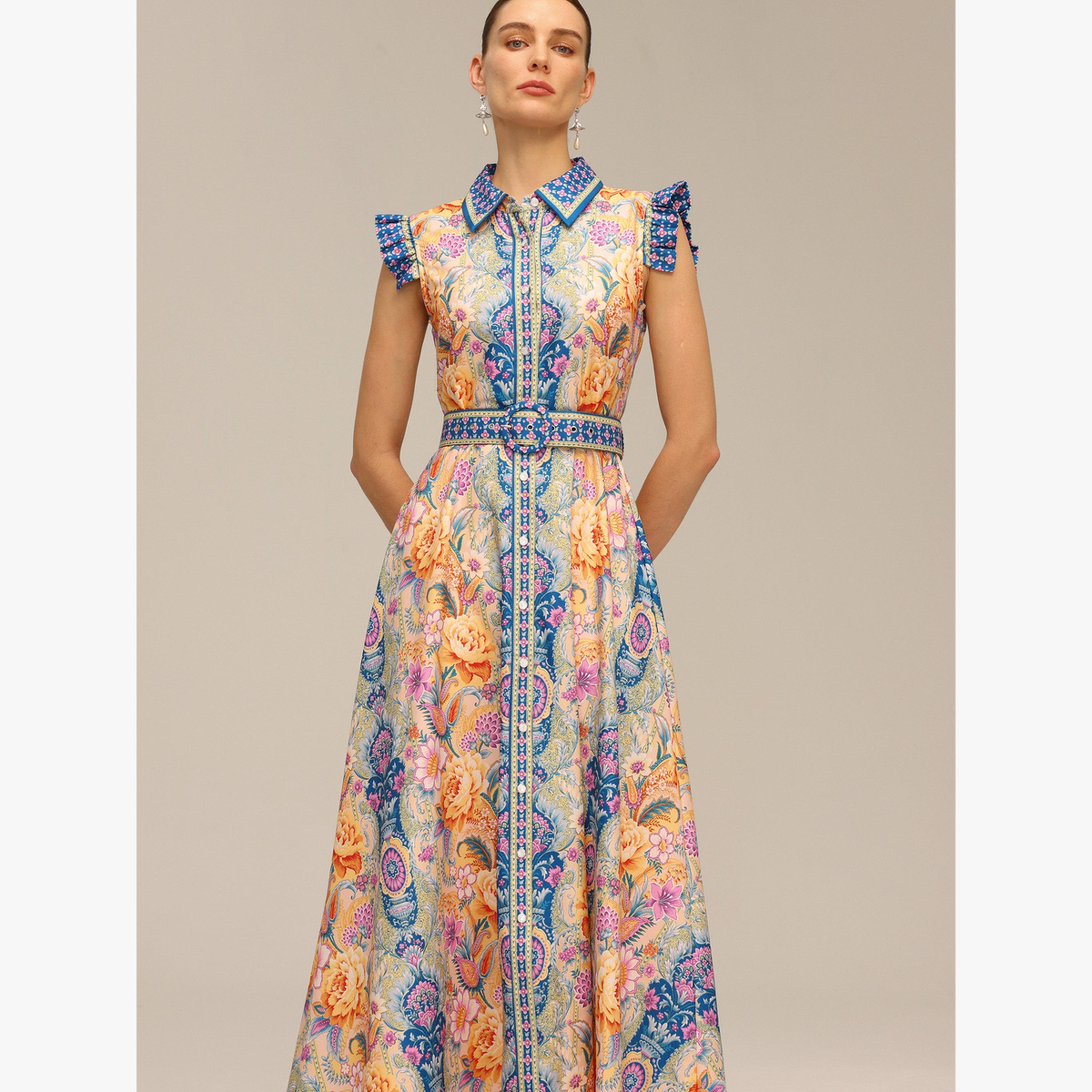 فستان طويل بلا أكمام بحزام وطبعة زهور-women-clothing-dresses-image-3