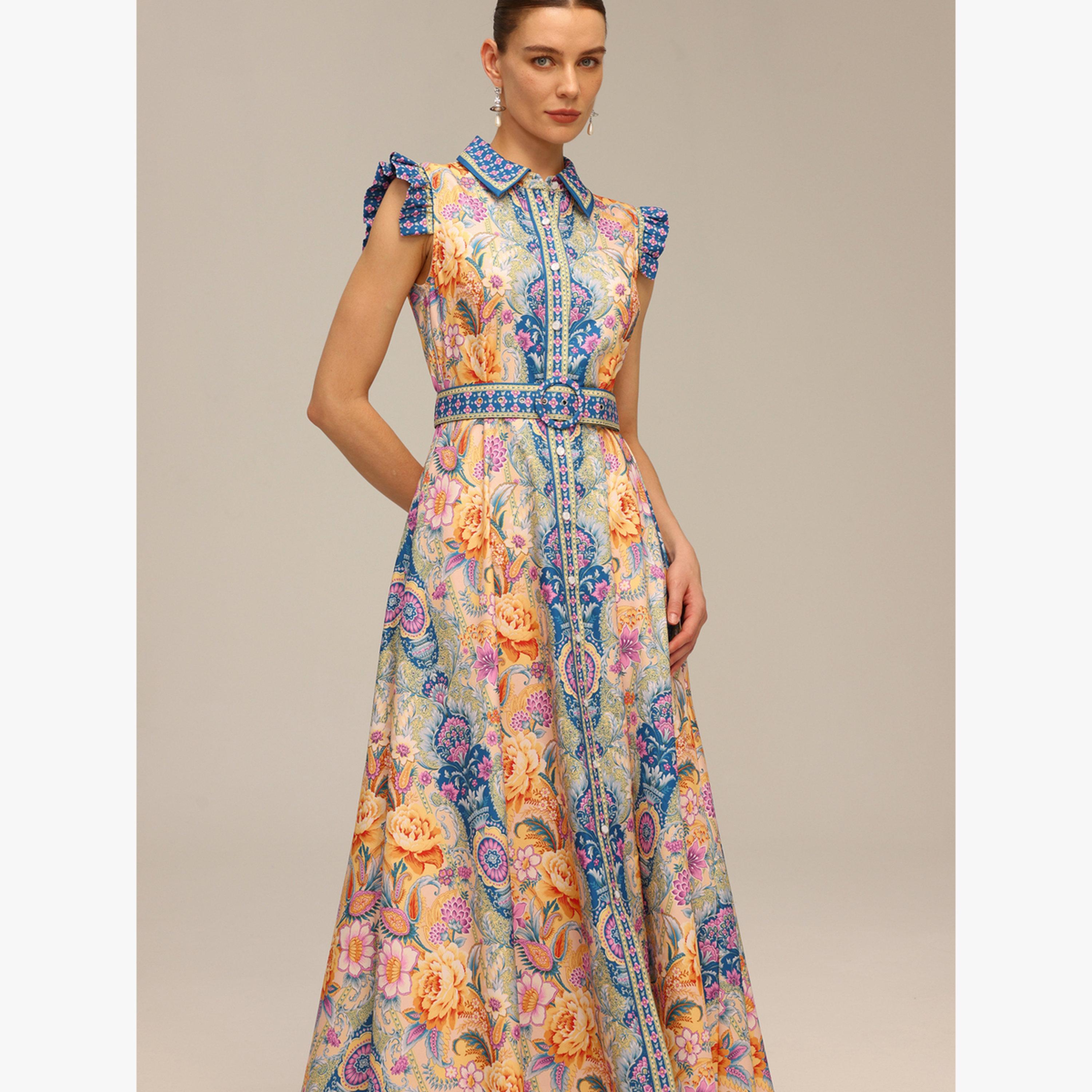 فستان طويل بلا أكمام بحزام وطبعة زهور-women-clothing-dresses-image-4