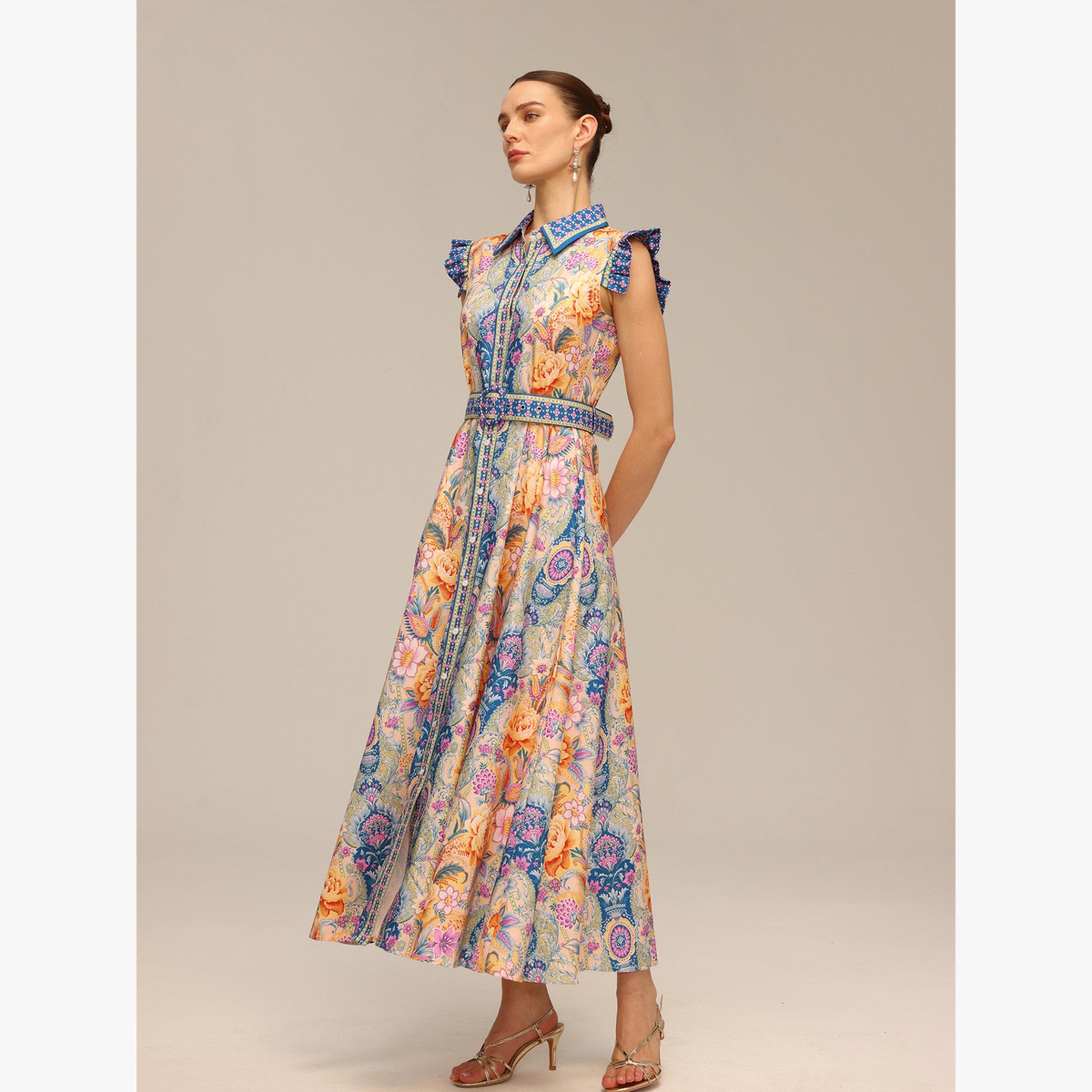 فستان طويل بلا أكمام بحزام وطبعة زهور-women-clothing-dresses-image-5