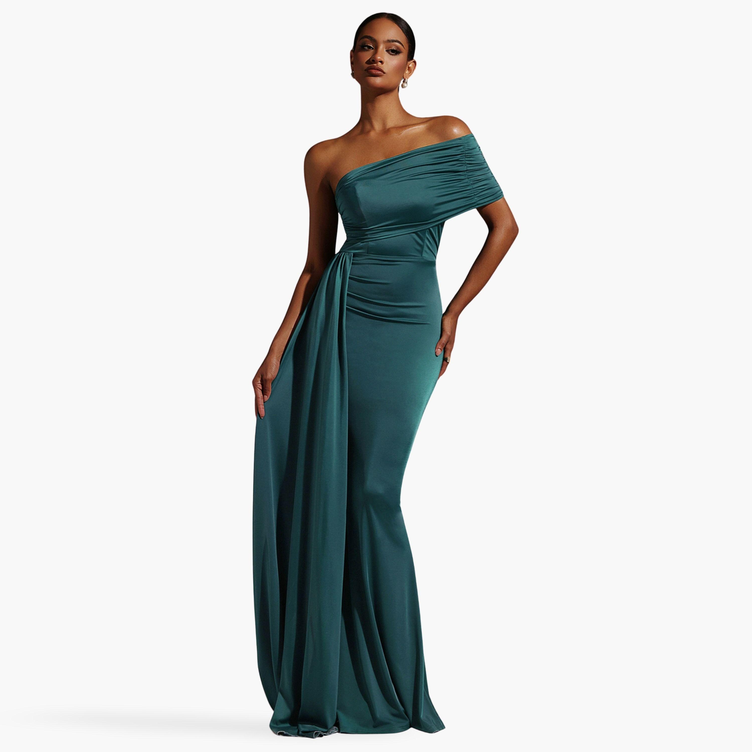 Bella Barnett X Styli Women Solid Sleeveless One Shoulder Fold Maxi Dress-women-clothing-dresses-image-1