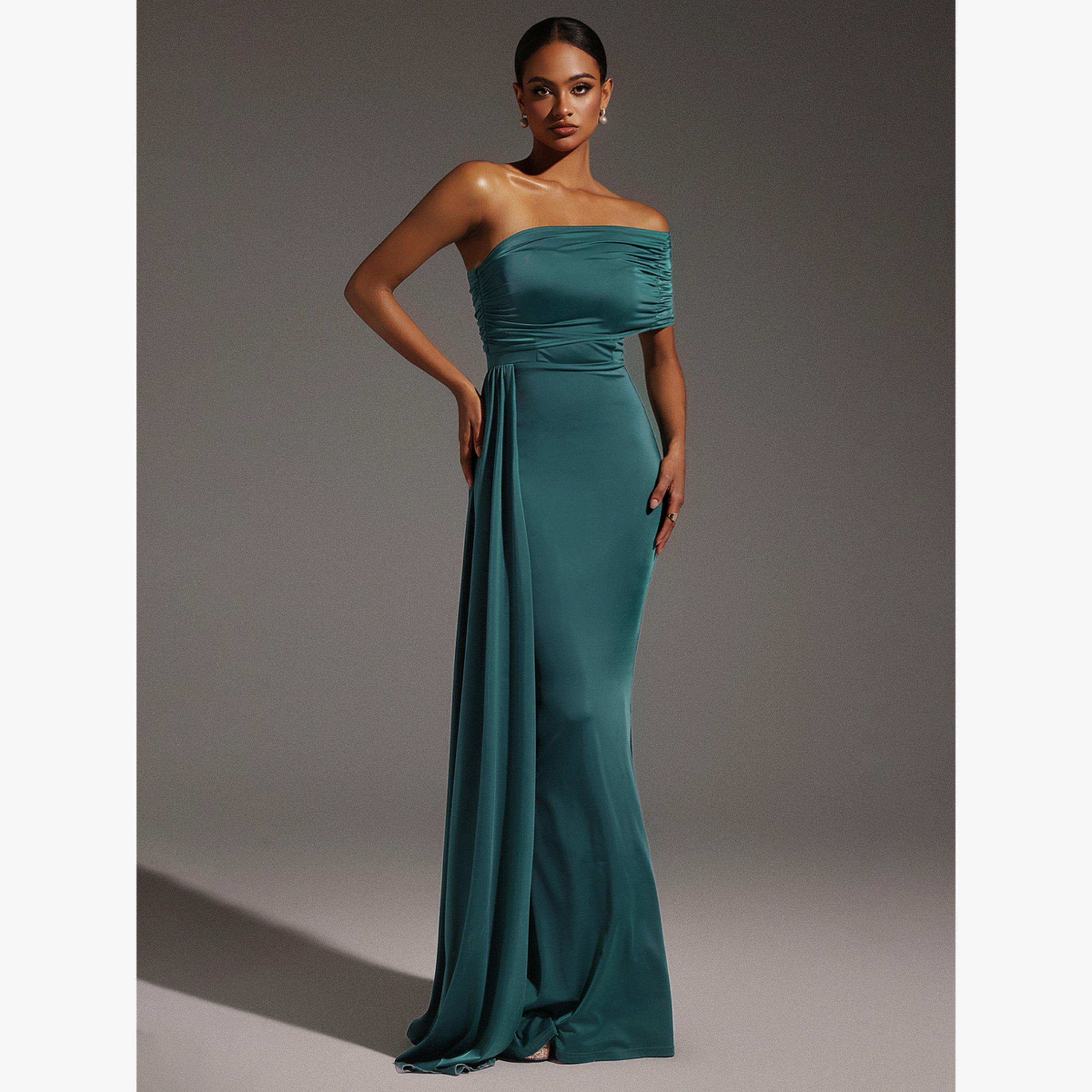 Bella Barnett X Styli Women Solid Sleeveless One Shoulder Fold Maxi Dress-women-clothing-dresses-image-2