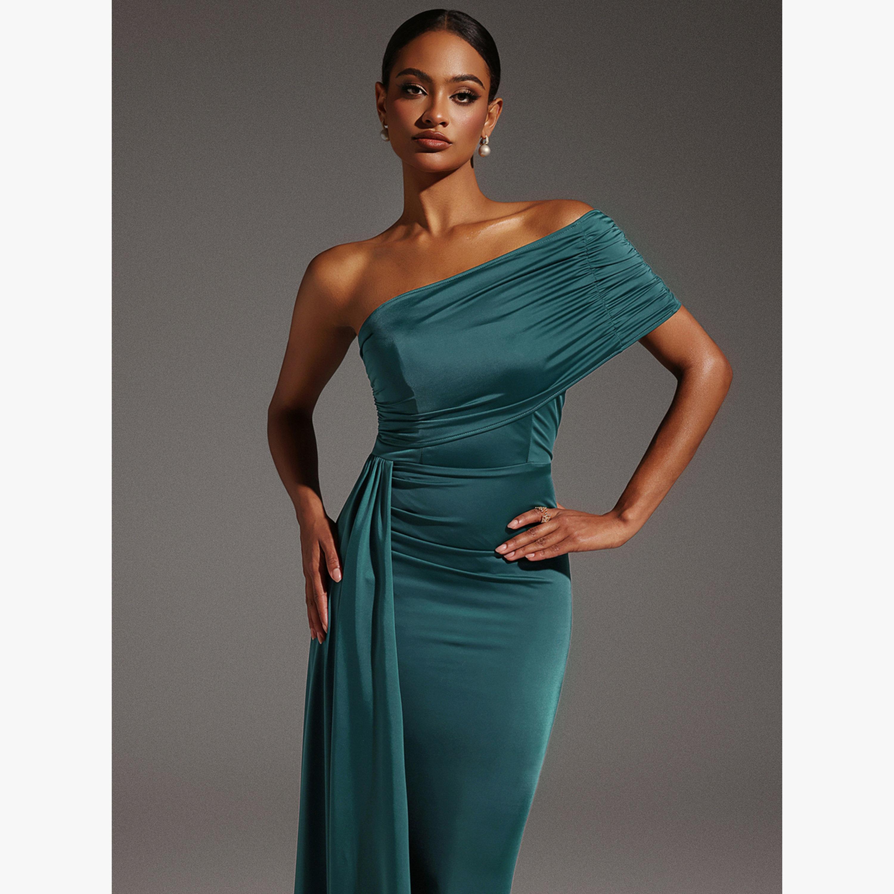 Bella Barnett X Styli Women Solid Sleeveless One Shoulder Fold Maxi Dress-women-clothing-dresses-image-3