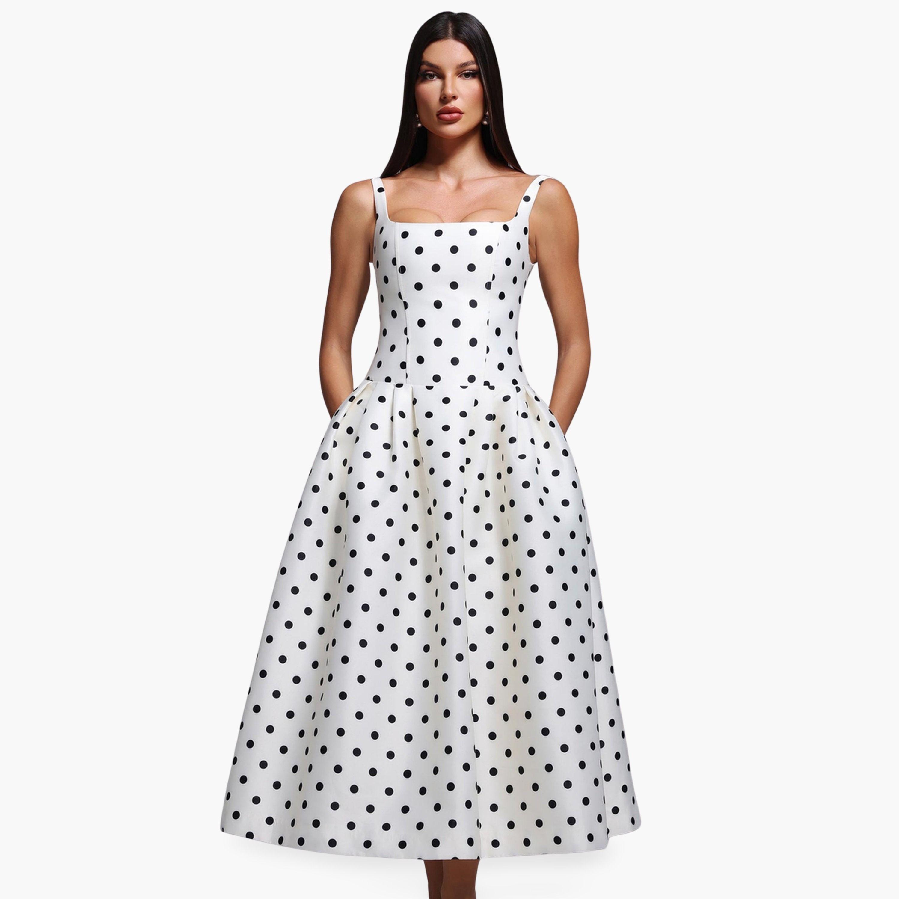 فستان ميدي كامي بخصر ضيق ونقاط بولكا-women-clothing-dresses-image-1