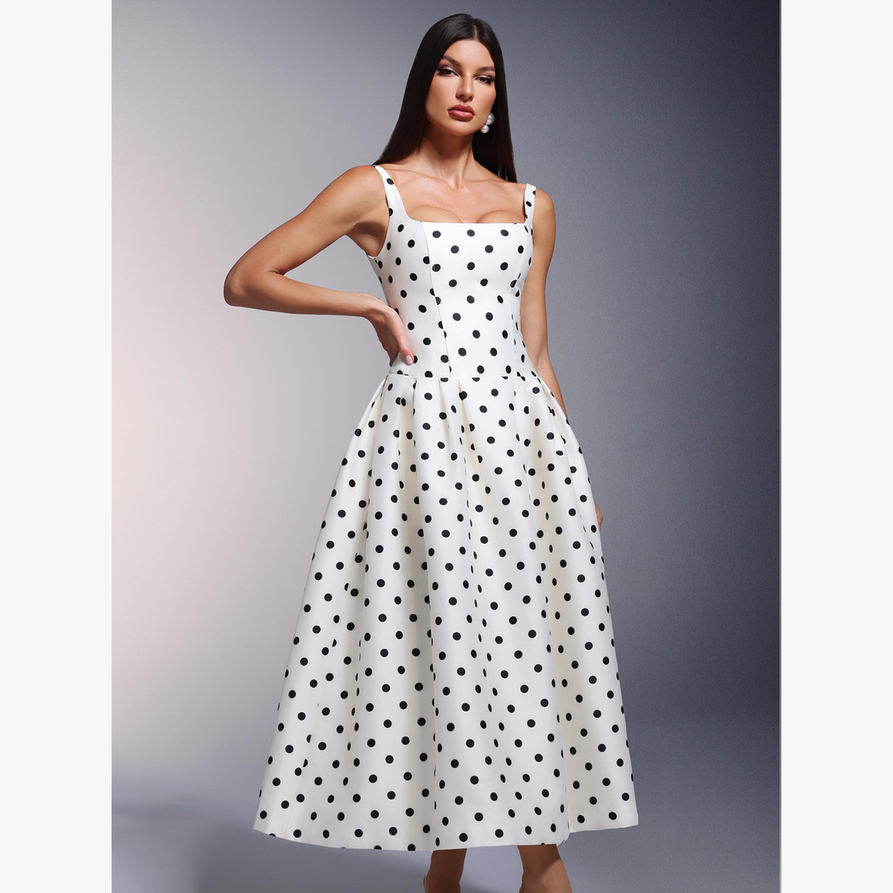 فستان ميدي كامي بخصر ضيق ونقاط بولكا-women-clothing-dresses-image-3