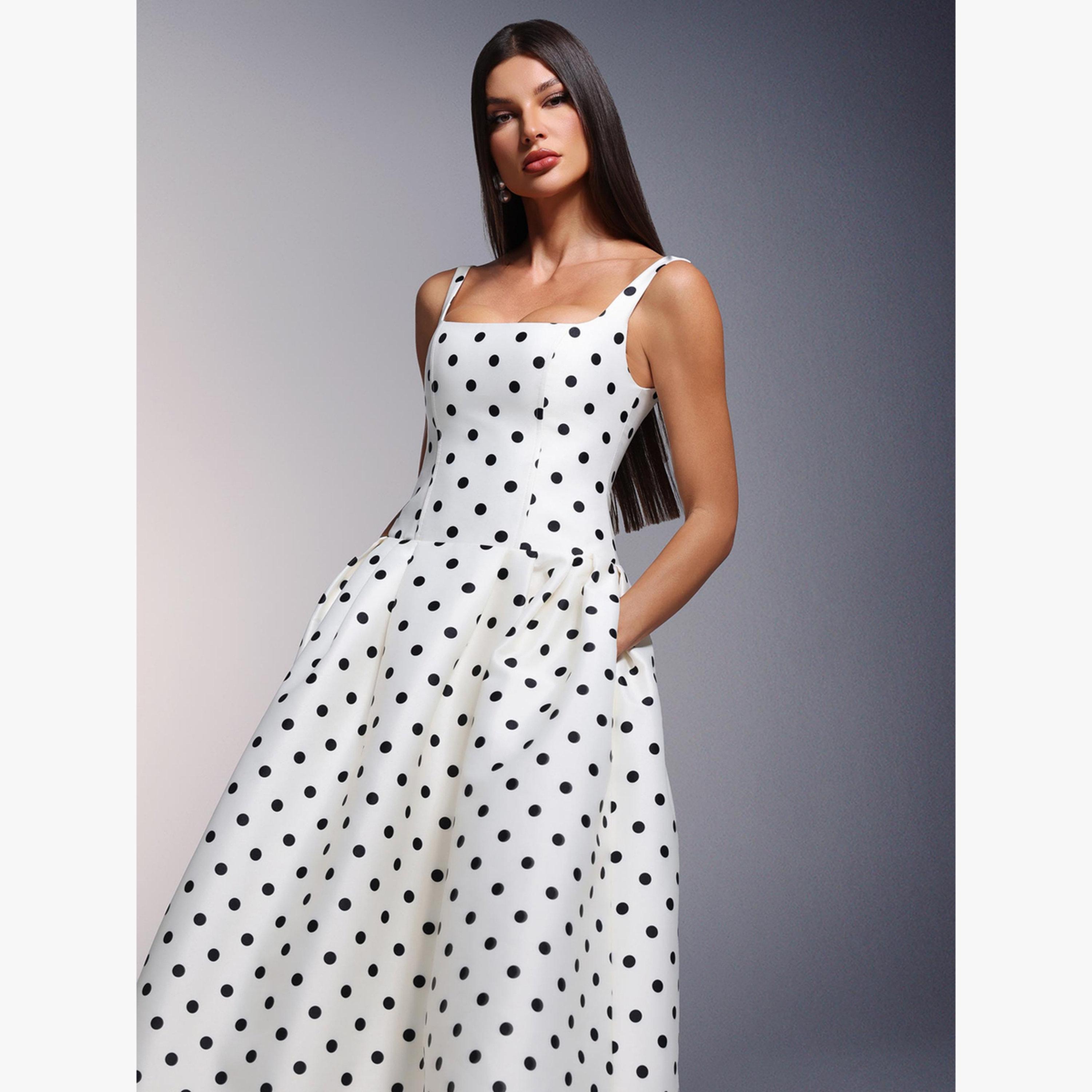فستان ميدي كامي بخصر ضيق ونقاط بولكا-women-clothing-dresses-image-4
