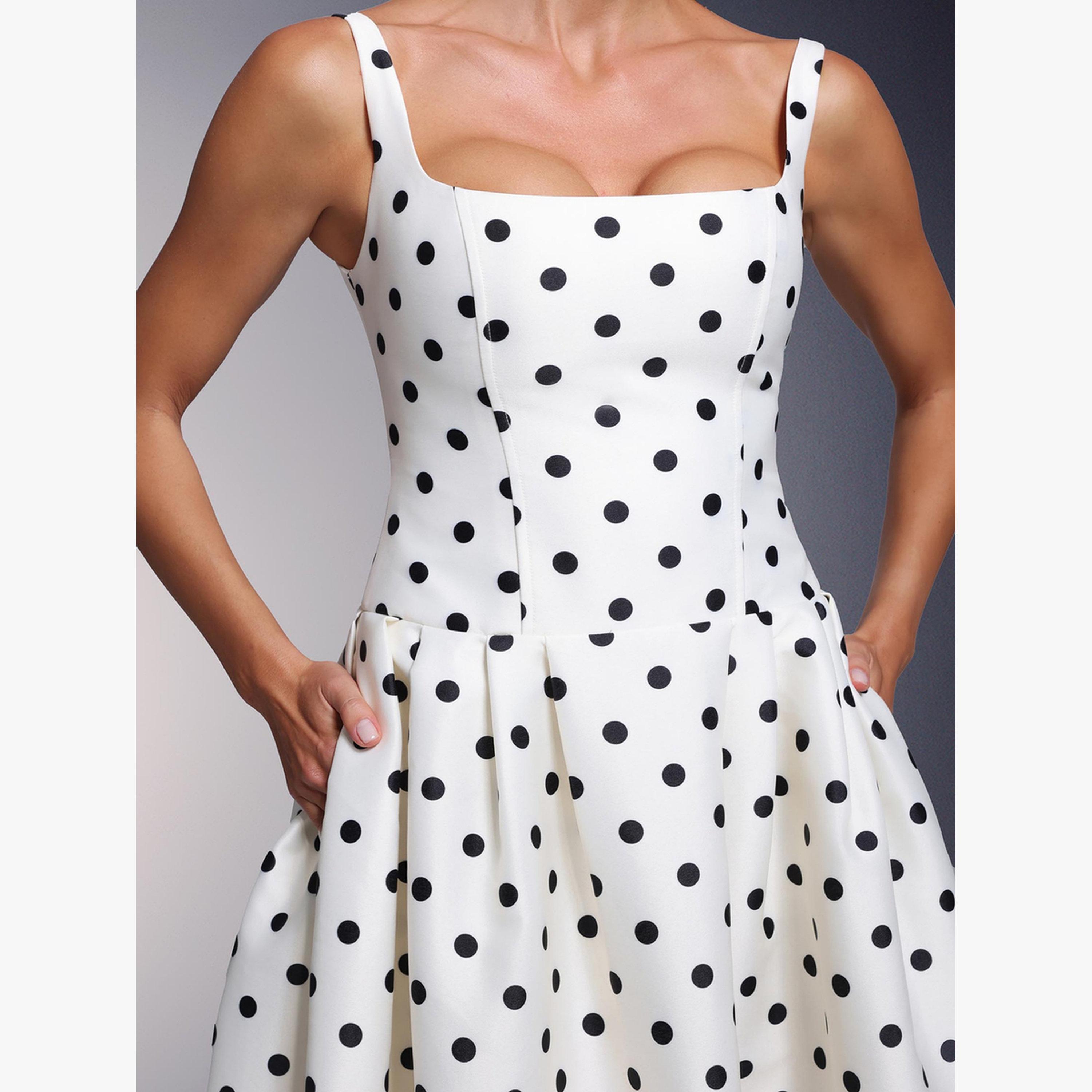 فستان ميدي كامي بخصر ضيق ونقاط بولكا-women-clothing-dresses-image-5