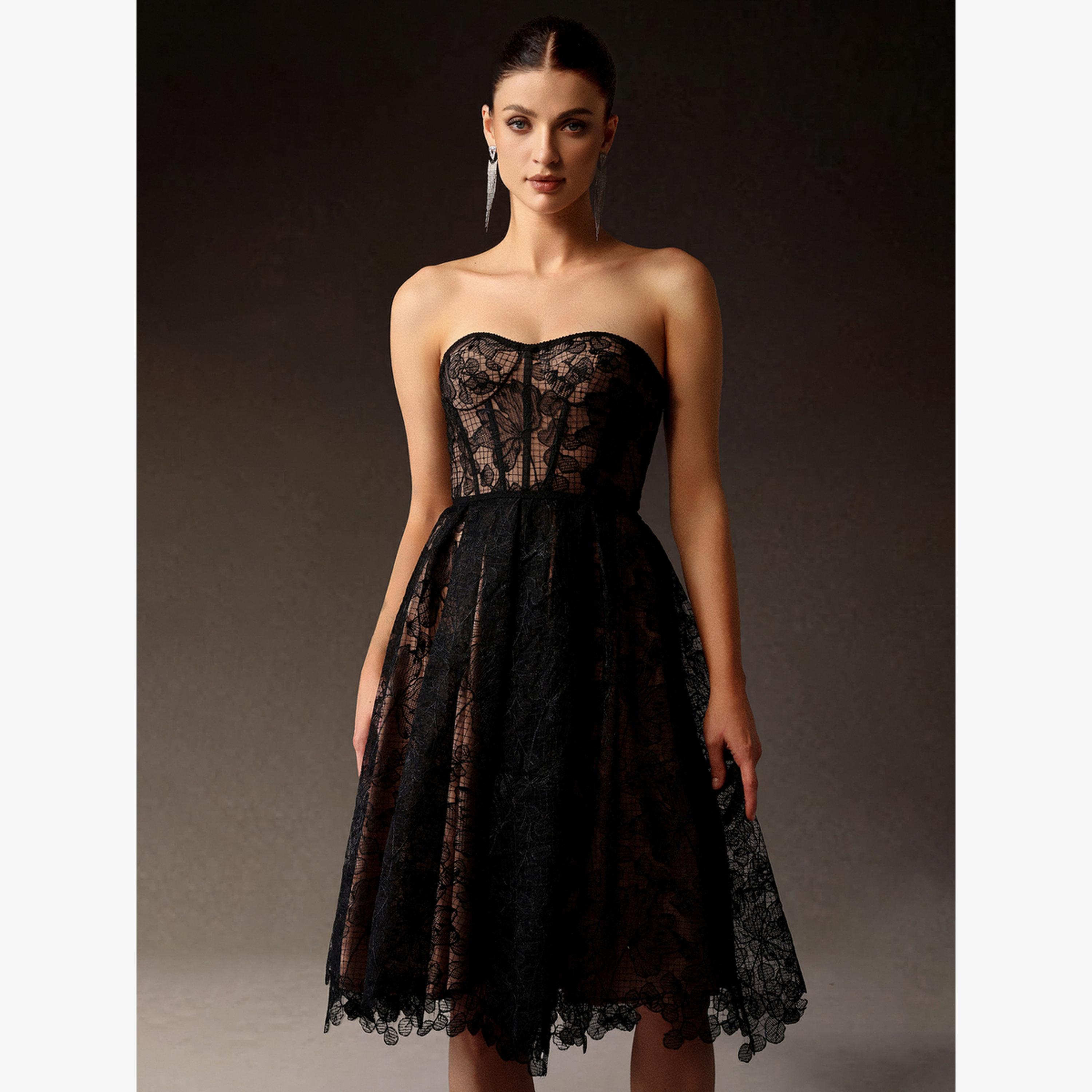 فستان سهرة بطول الركبة كورسيه بلا أربطة مع دانتيل-women-clothing-dresses-image-3