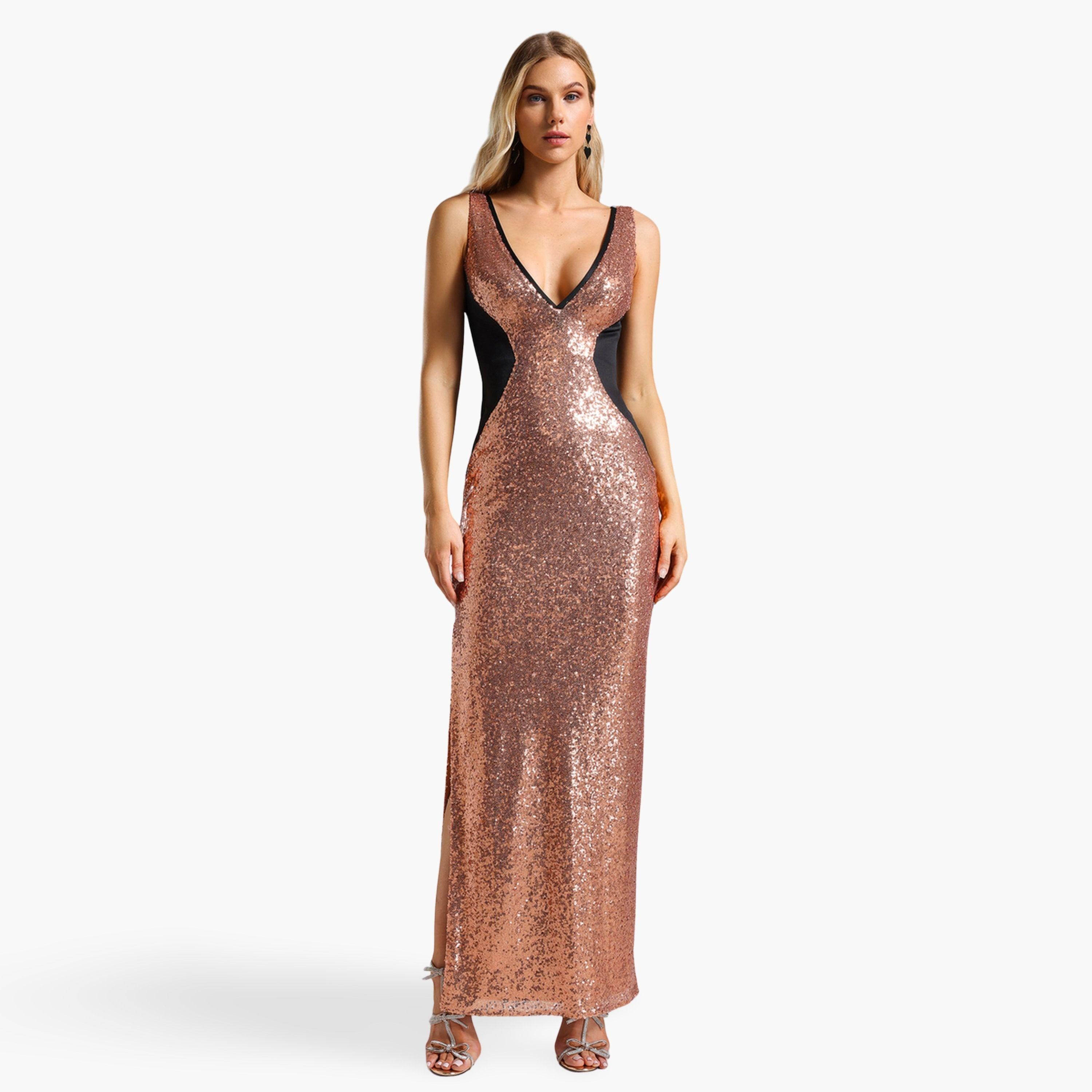 Buy Bella Barnett X Styli Women Sequins Deep V Neck Party Maxi Dress Online  | Centrepoint Qatar