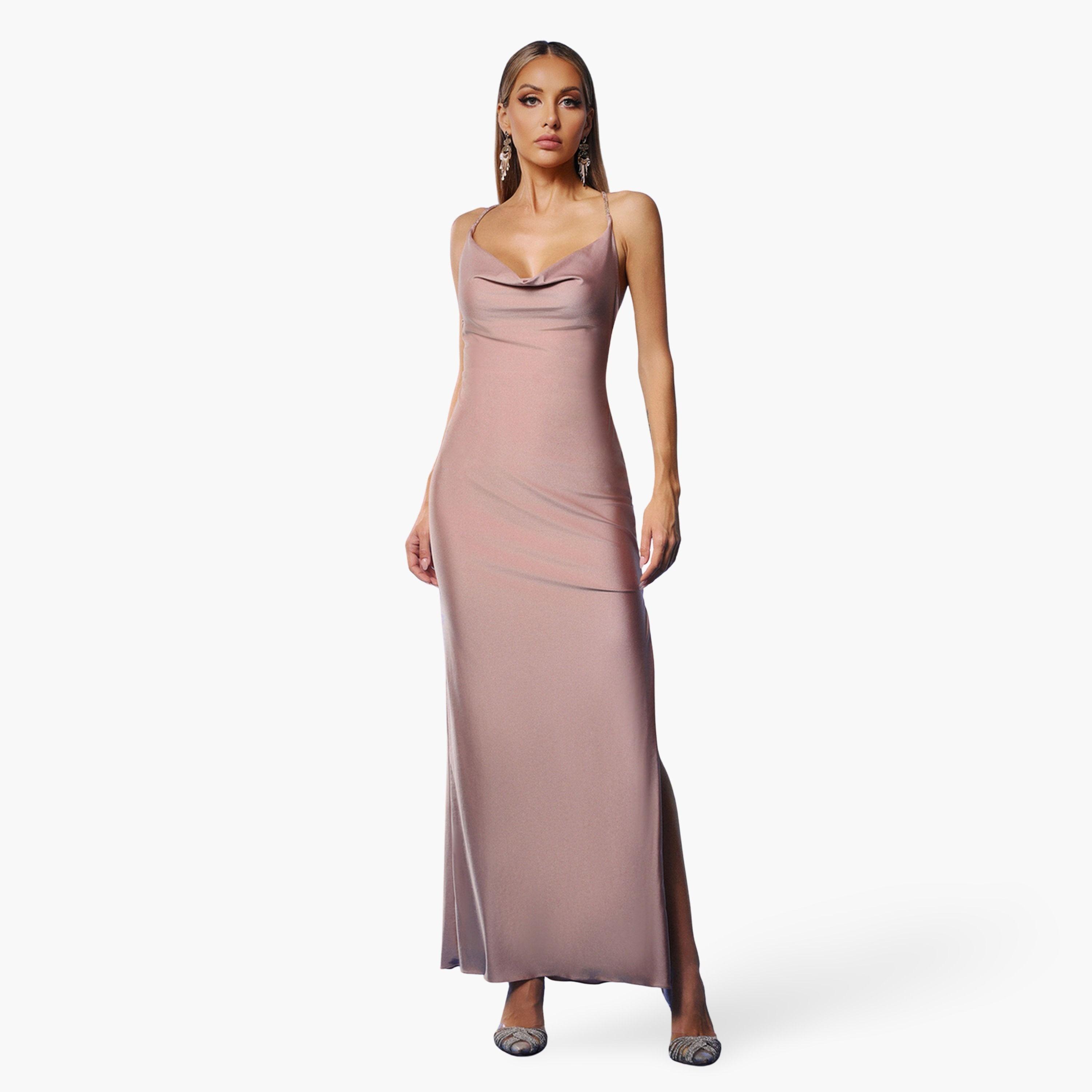 فستان طويل سادة بياقة منسدلة وظهر مكشوف-women-clothing-dresses-image-1