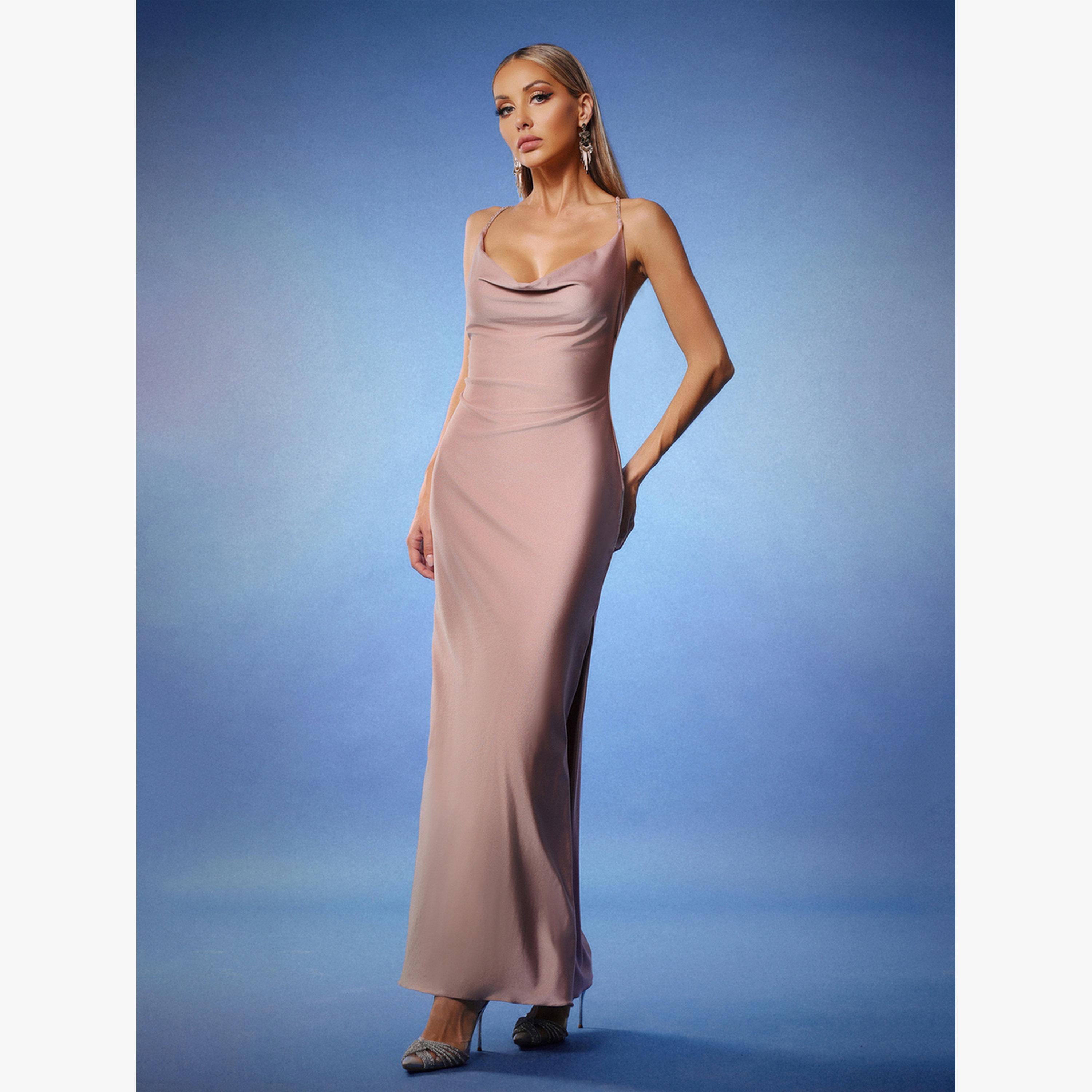 فستان طويل سادة بياقة منسدلة وظهر مكشوف-women-clothing-dresses-image-2