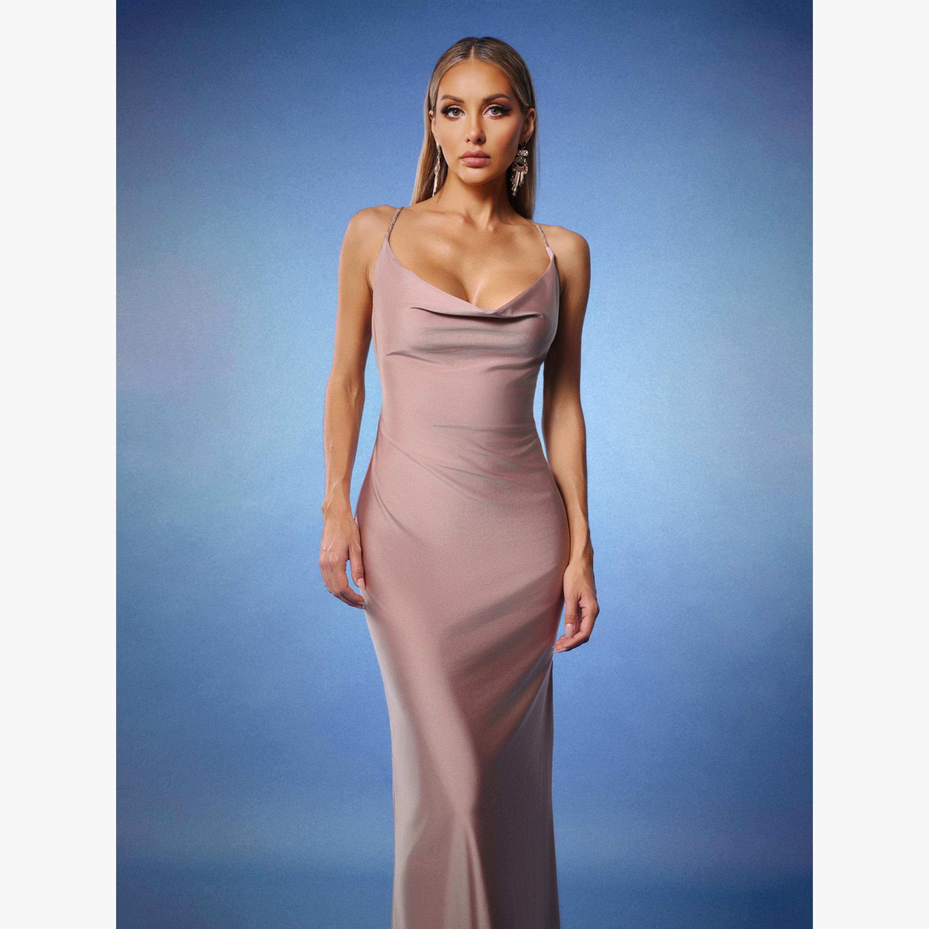 فستان طويل سادة بياقة منسدلة وظهر مكشوف-women-clothing-dresses-image-3