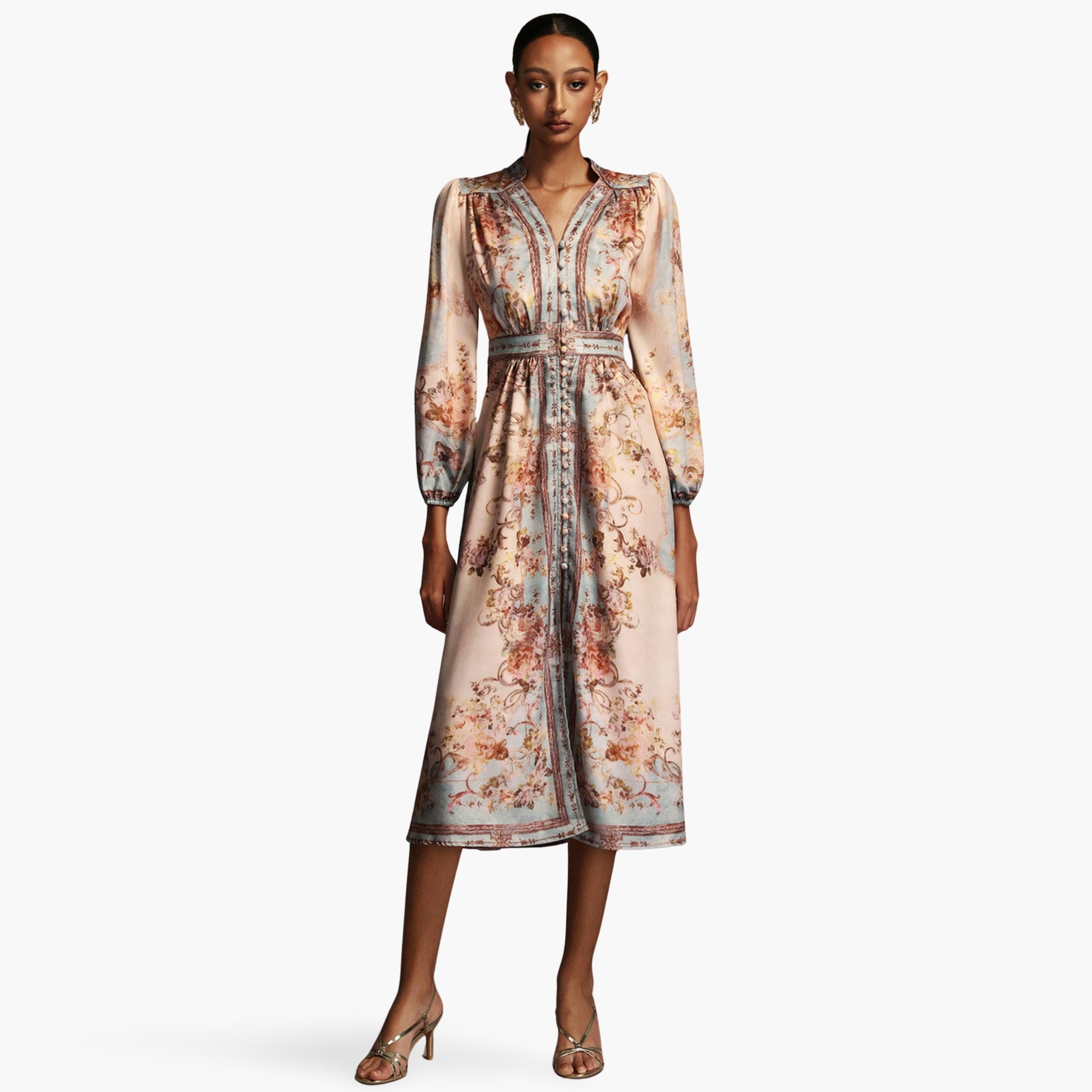 Bella Barnett X Styli Women Floral Print 3/4 Sleeves Midi Dress-women-clothing-dresses-image-1