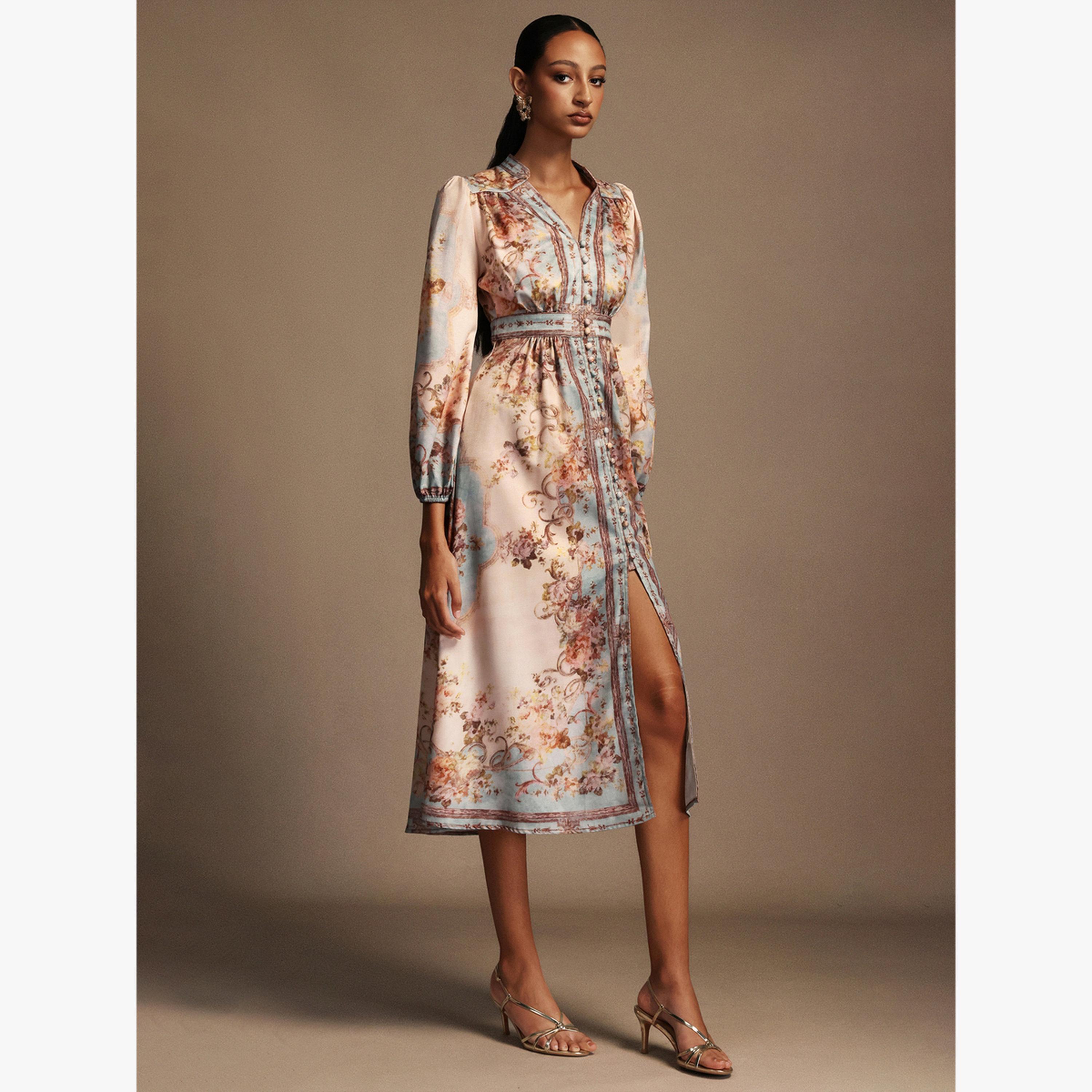Bella Barnett X Styli Women Floral Print 3/4 Sleeves Midi Dress-women-clothing-dresses-image-2