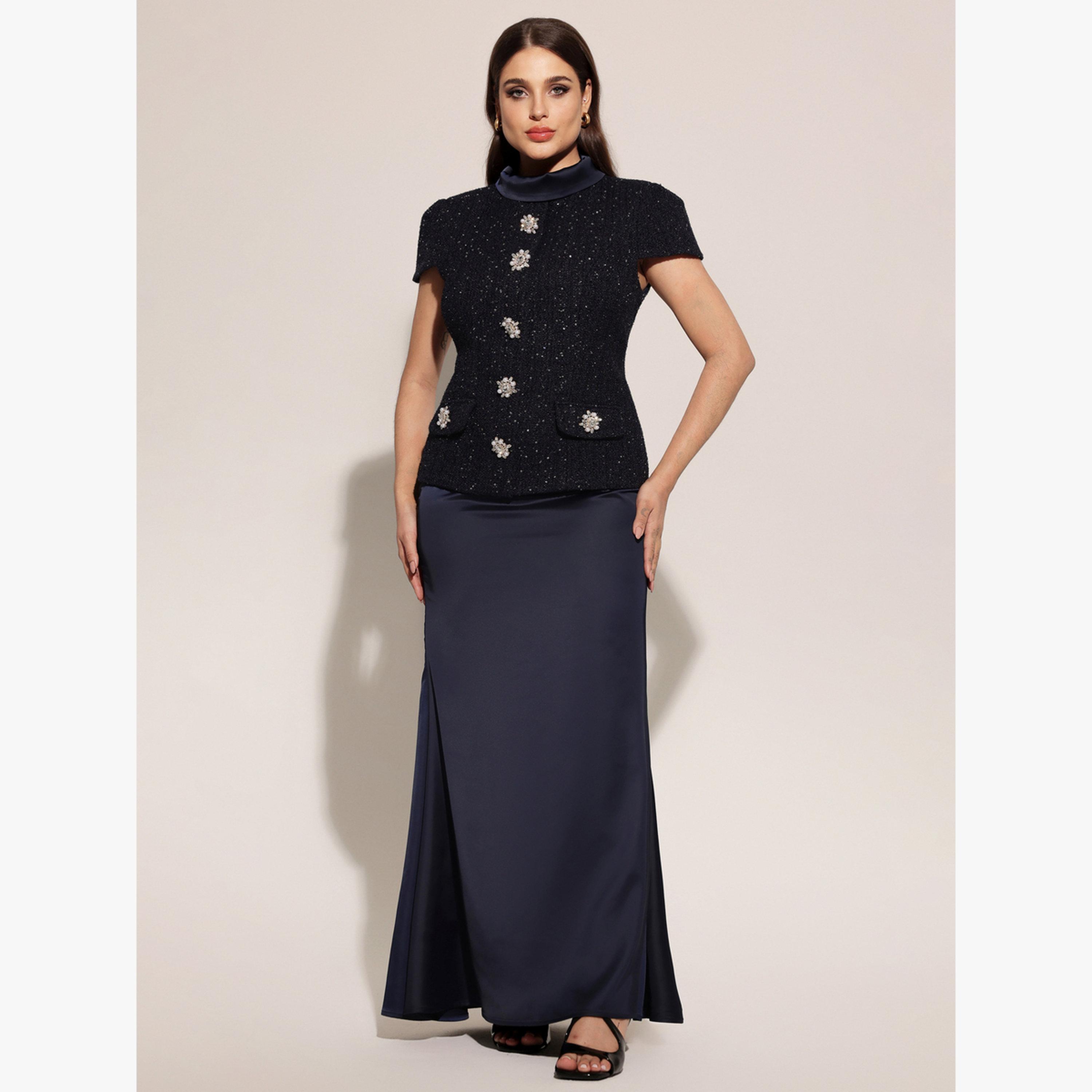 طقم بلوزة وتنورة طويلة بتفاصيل تويد ومزين-women-clothing-coordsets-image-1