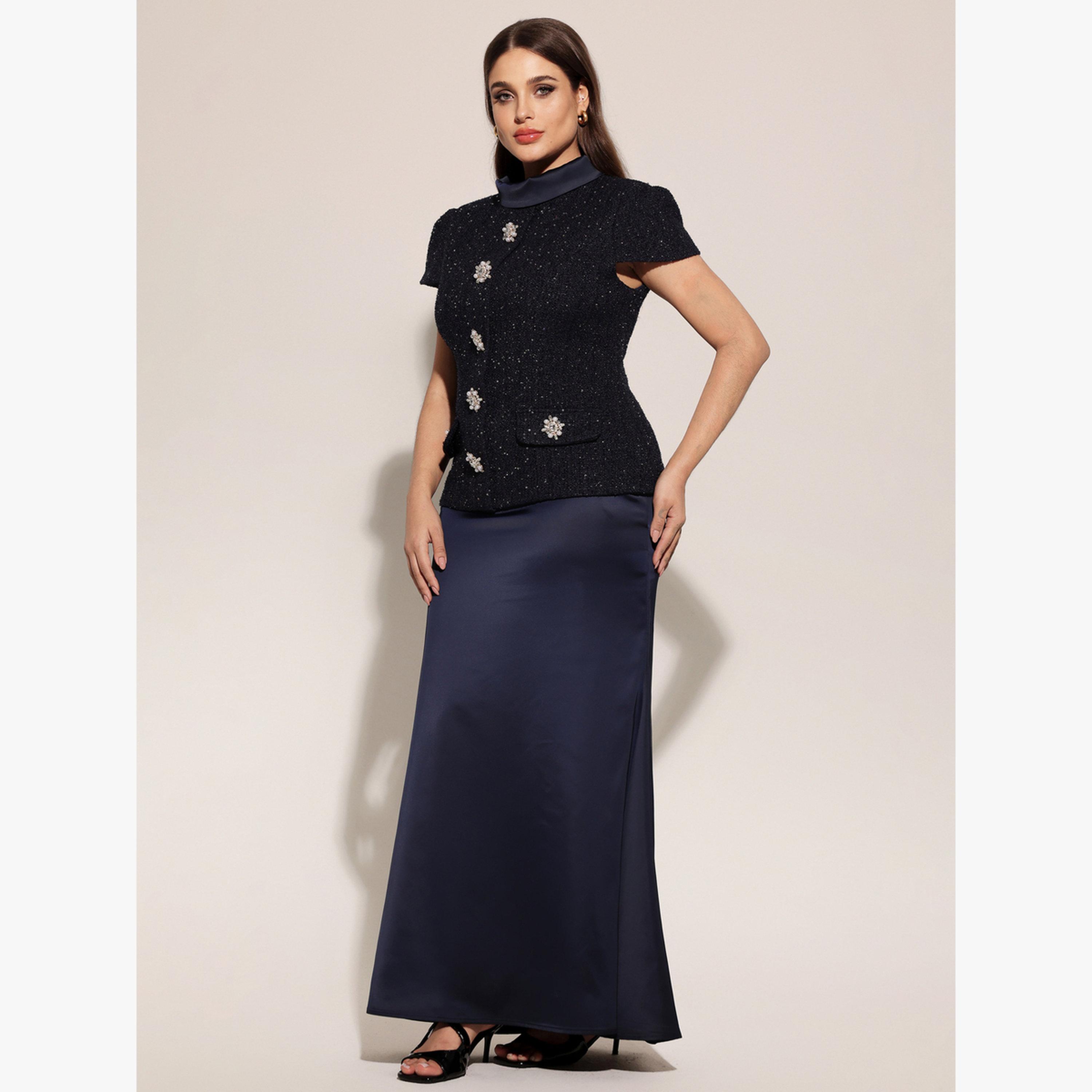 طقم بلوزة وتنورة طويلة بتفاصيل تويد ومزين-women-clothing-coordsets-image-2
