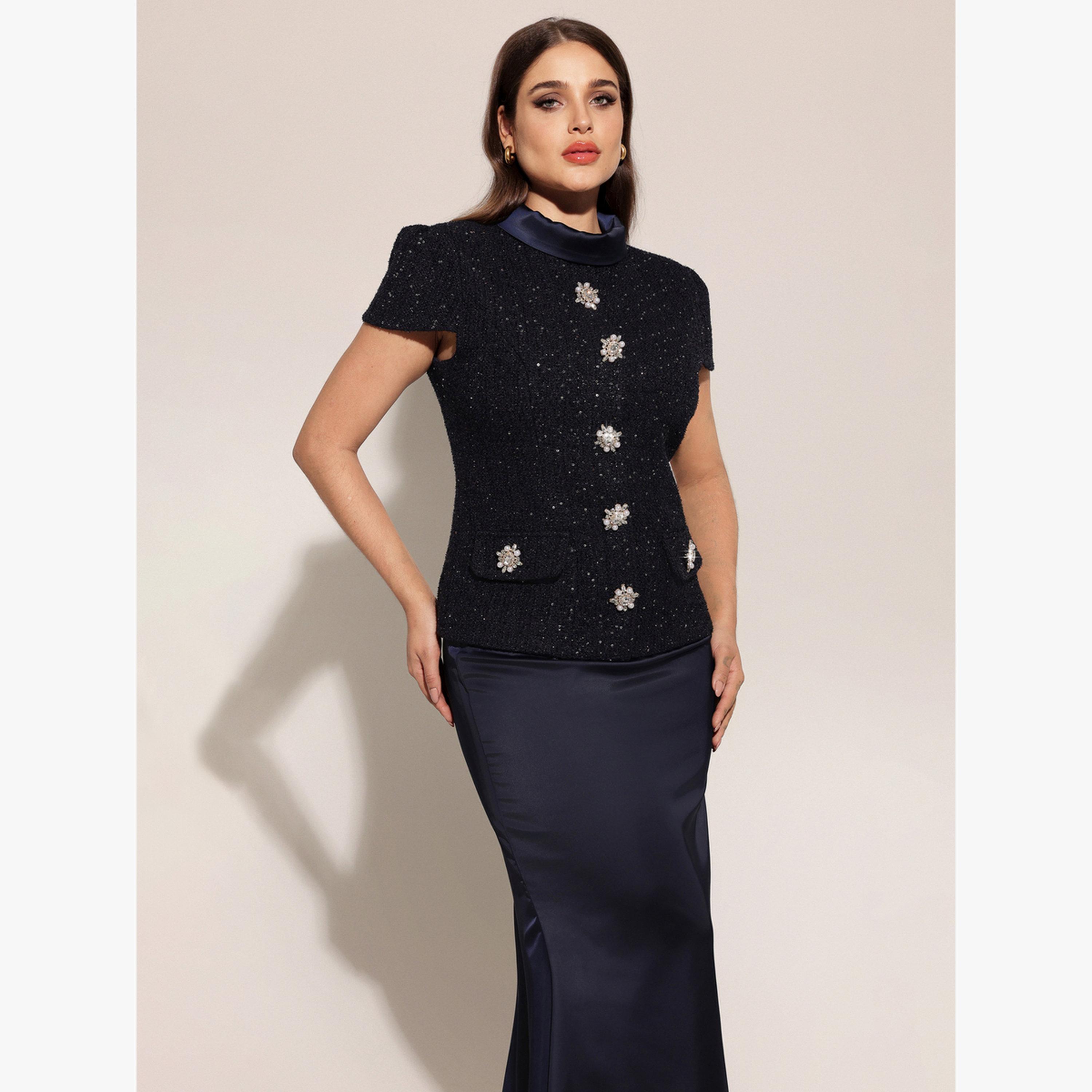 طقم بلوزة وتنورة طويلة بتفاصيل تويد ومزين-women-clothing-coordsets-image-3