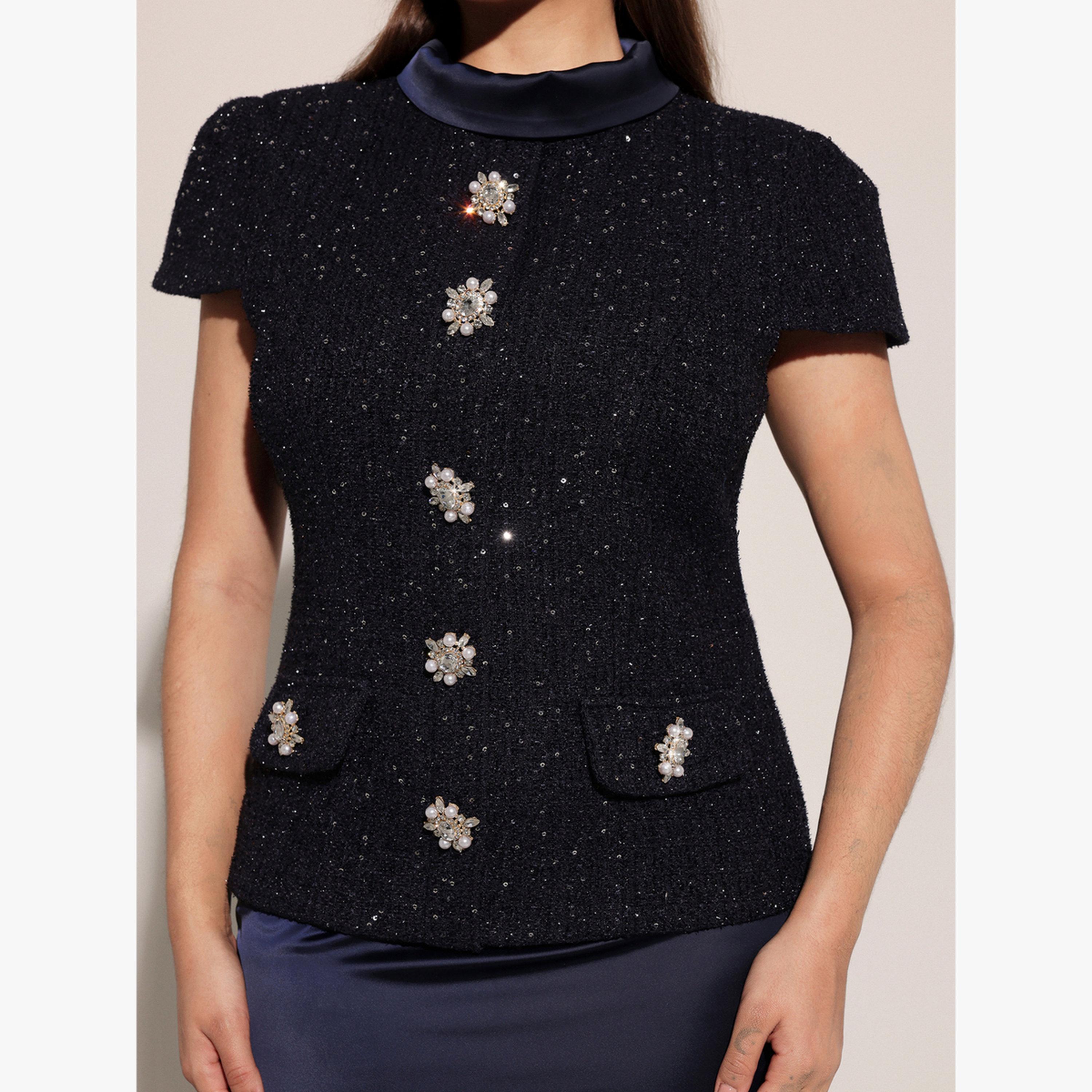 طقم بلوزة وتنورة طويلة بتفاصيل تويد ومزين-women-clothing-coordsets-image-4