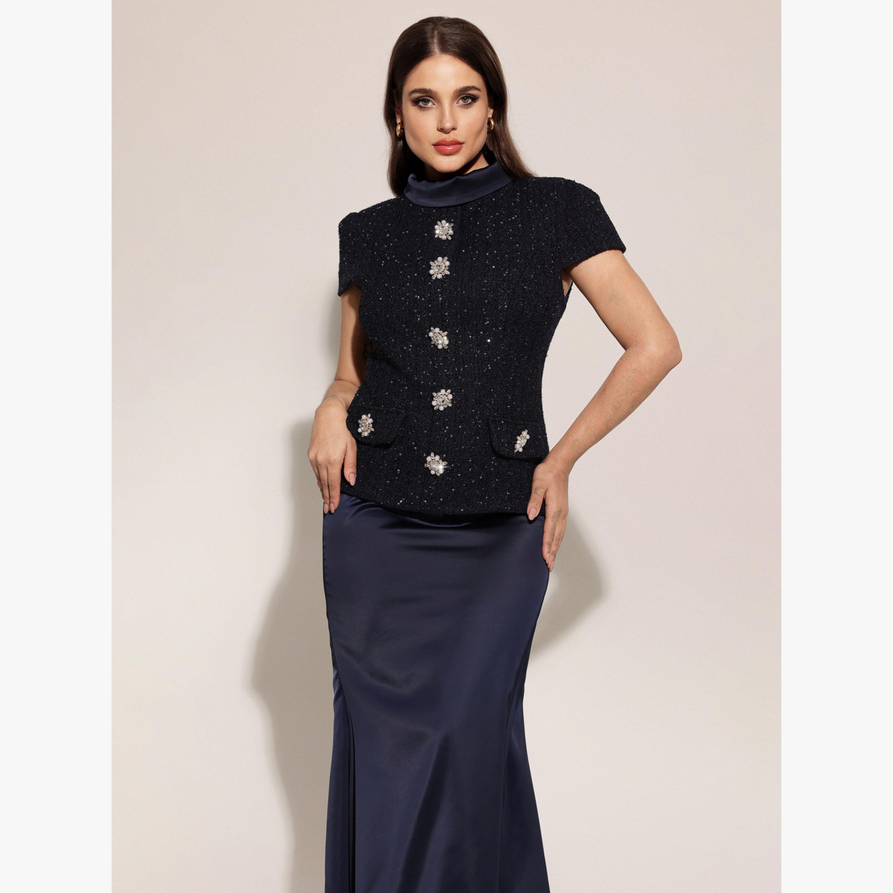 طقم بلوزة وتنورة طويلة بتفاصيل تويد ومزين-women-clothing-coordsets-image-5