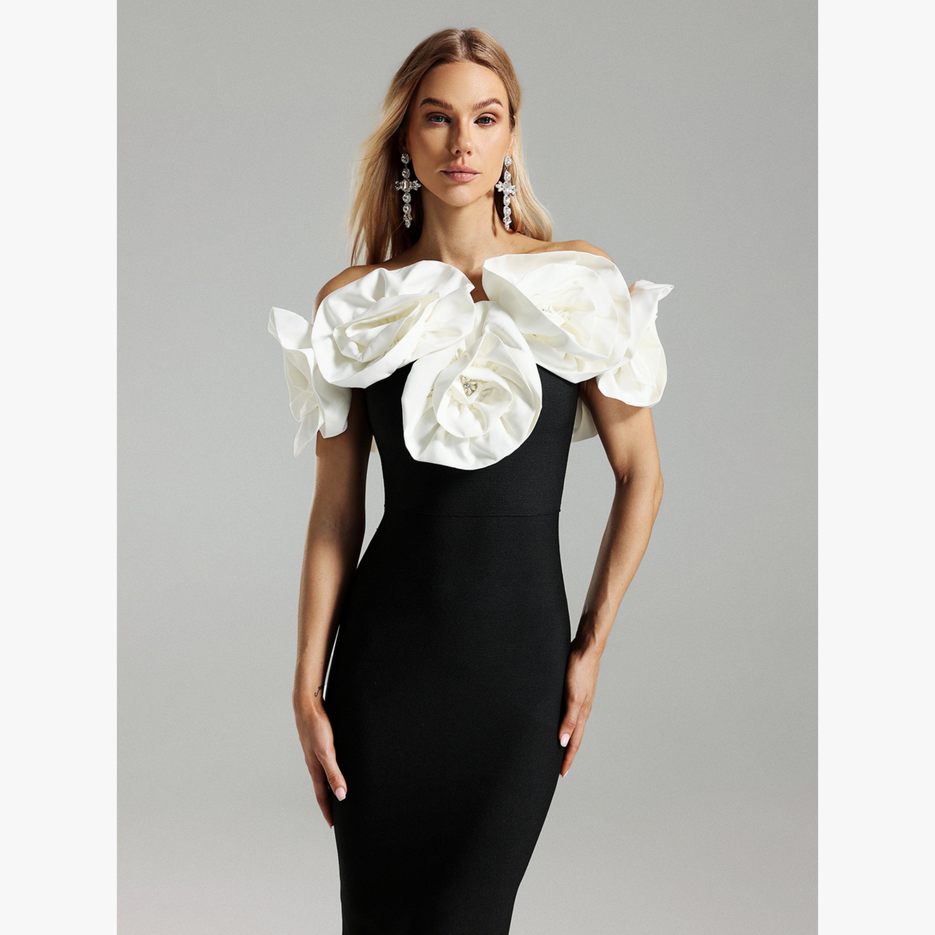 Bella Barnett X Styli Women 3D Flower Detail Off Shoulder Maxi Dress-women-clothing-dresses-image-2