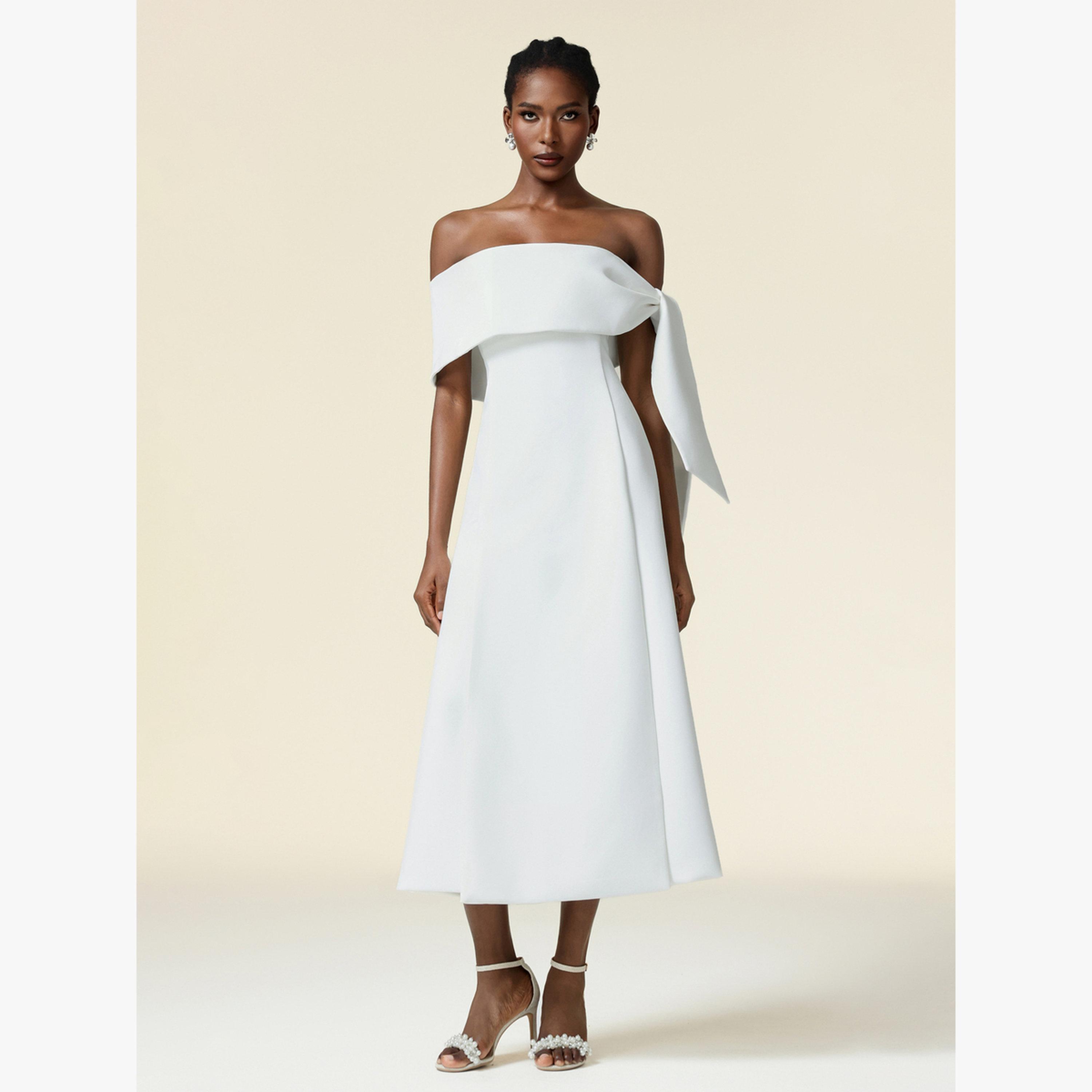 Bella Barnett X Styli Women Off Shoulder Draped A-Line Midi Dress-women-clothing-dresses-image-1