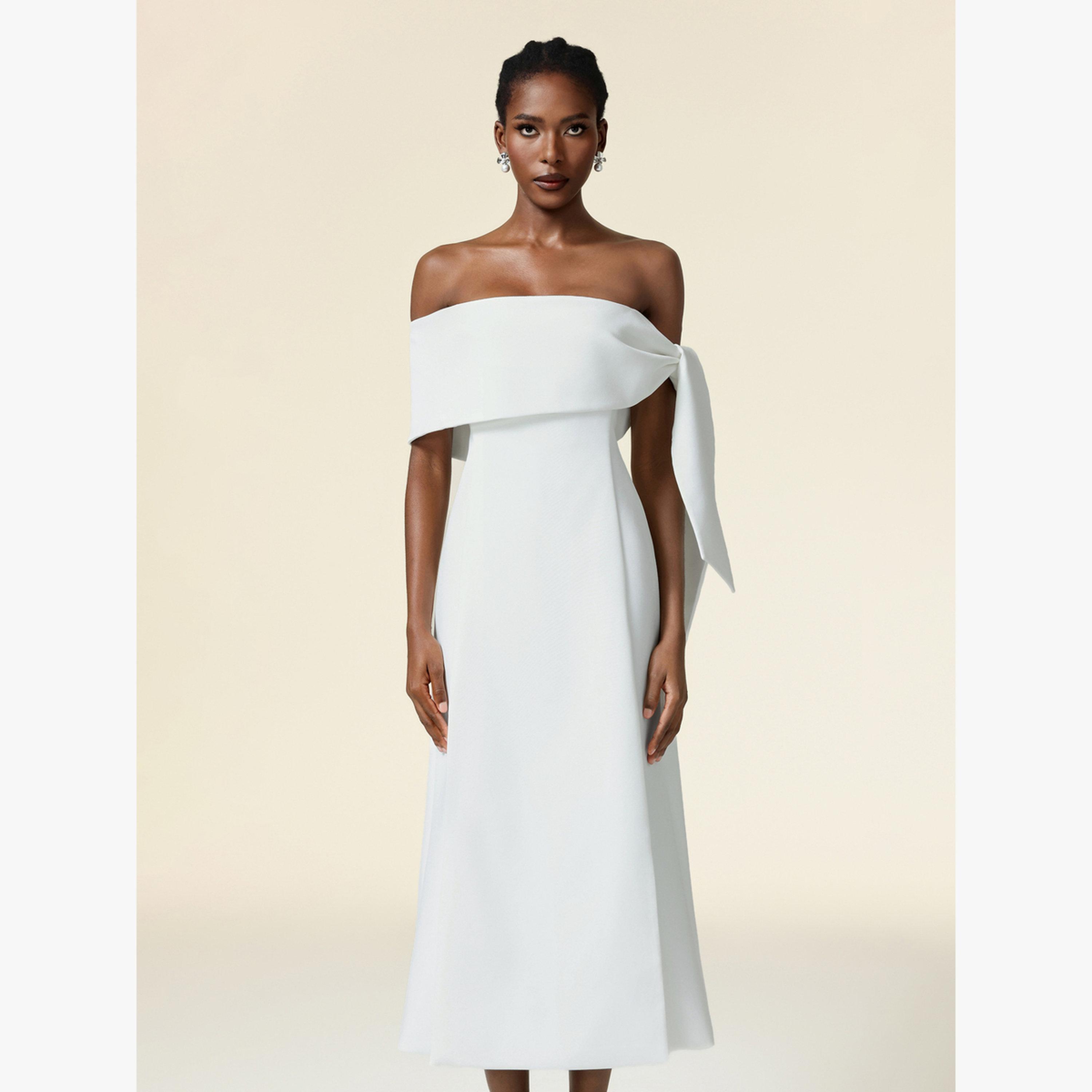 Bella Barnett X Styli Women Off Shoulder Draped A-Line Midi Dress-women-clothing-dresses-image-2