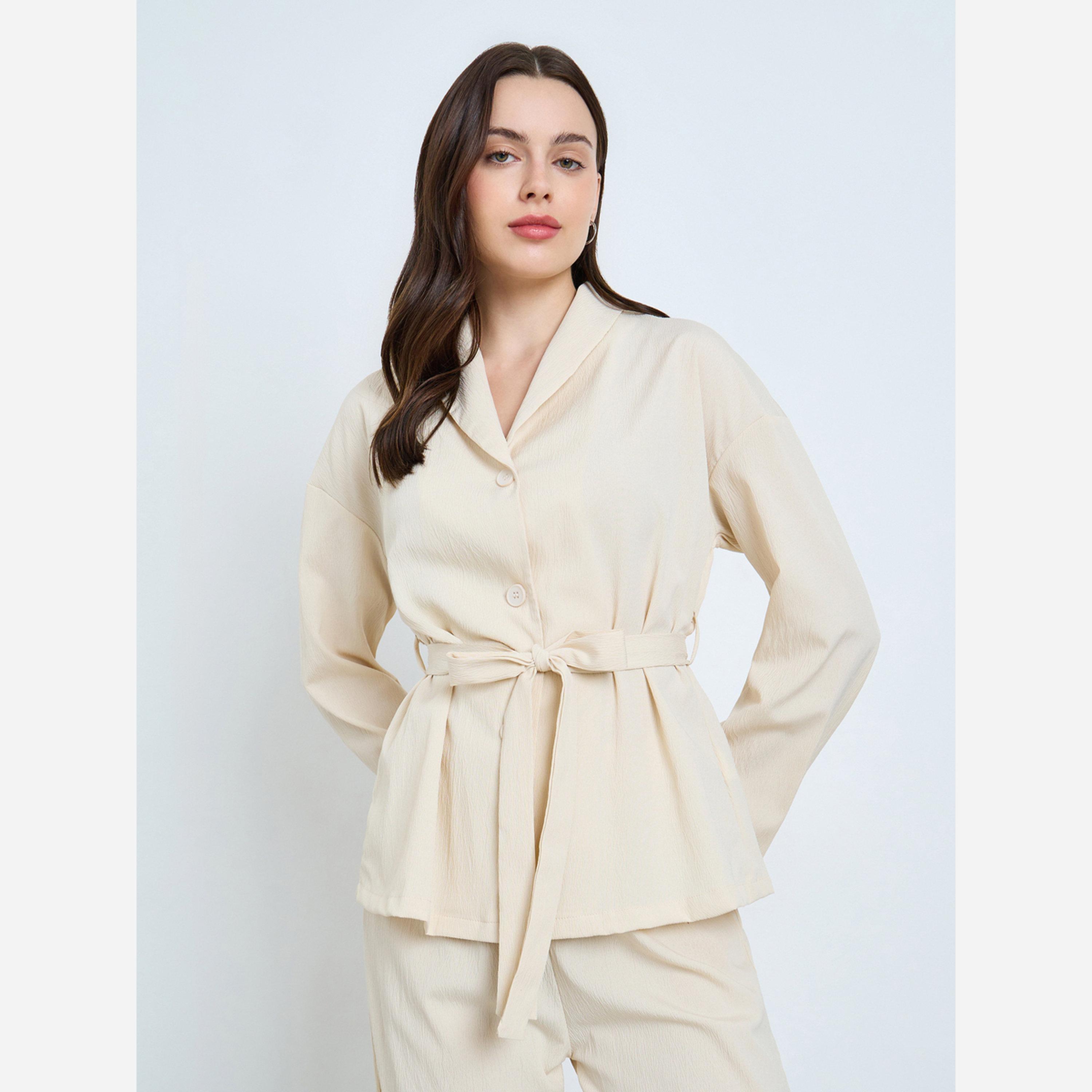 Styli Cream Belted Shirt and Pants Co-Ords-women-clothing-coordsets-image-2