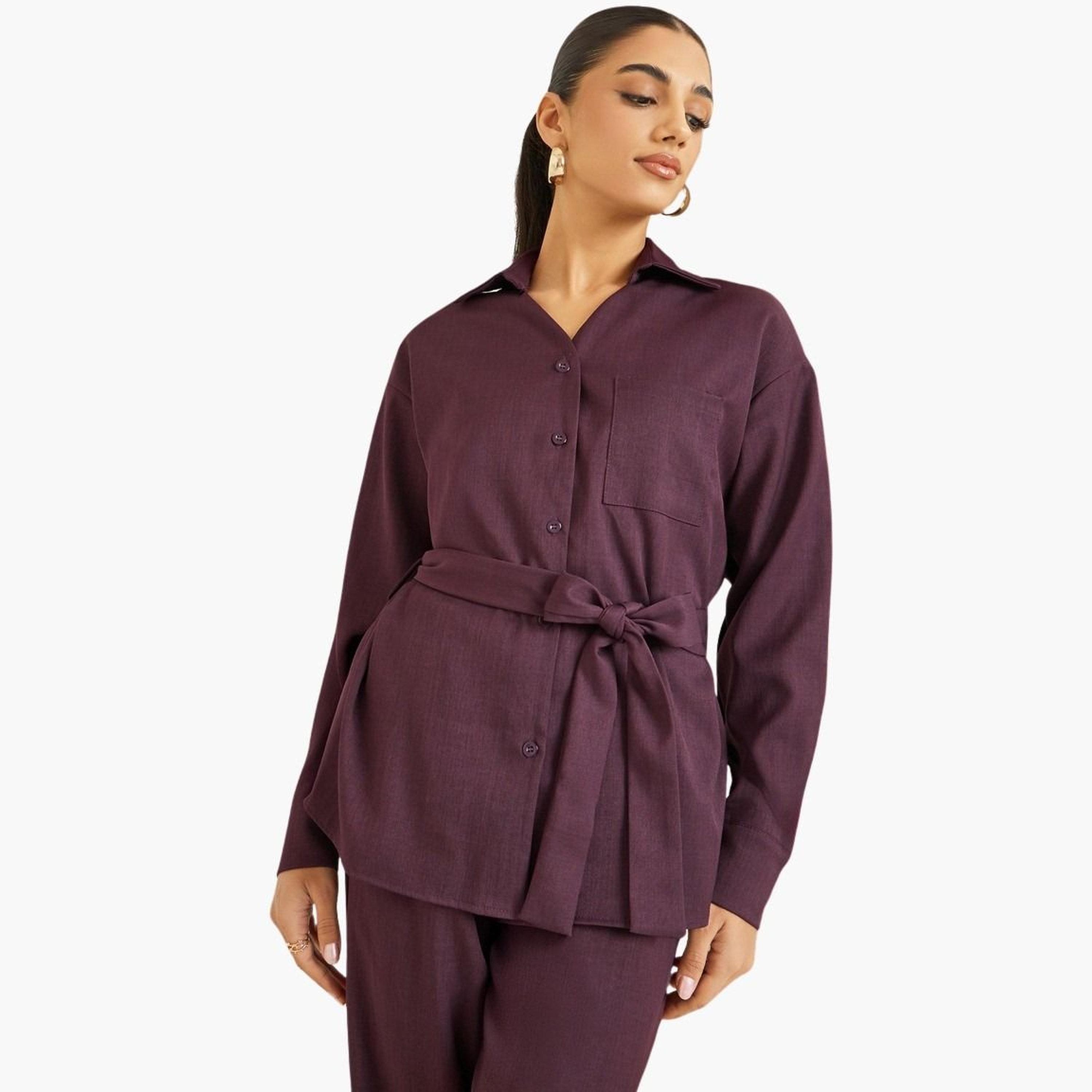 بلوزة بأكمام طويلة ورباط خصر-women-clothing-shirtsandblouses-blouses-image-1