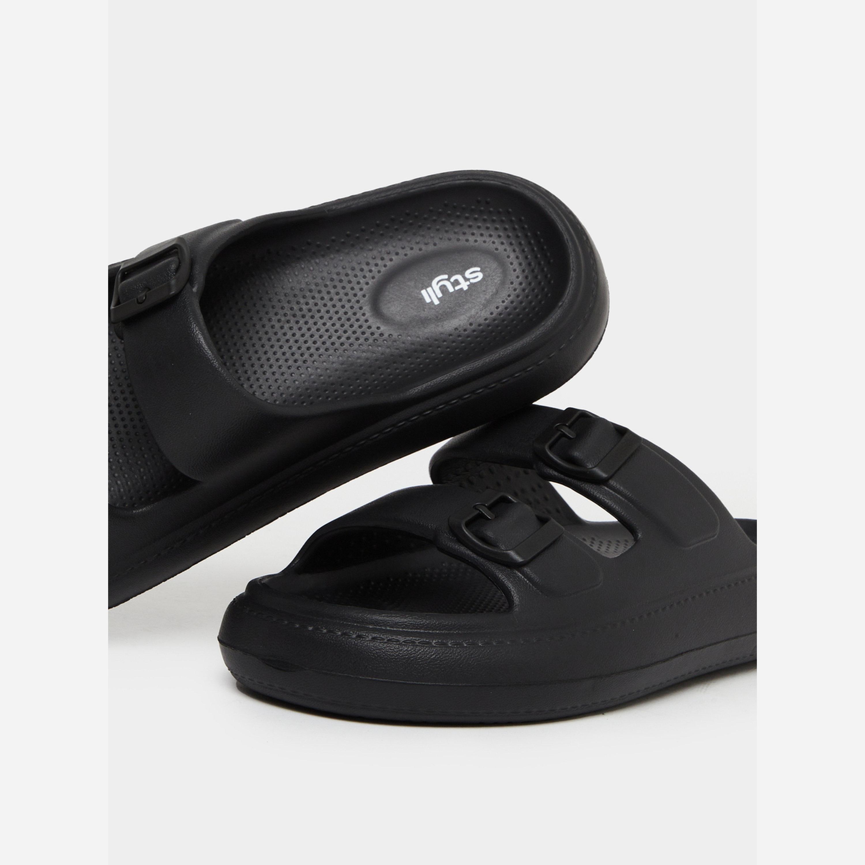 Styli Black Double Buckle Comfort Slide Sandals-men-shoes-sandals-image-3