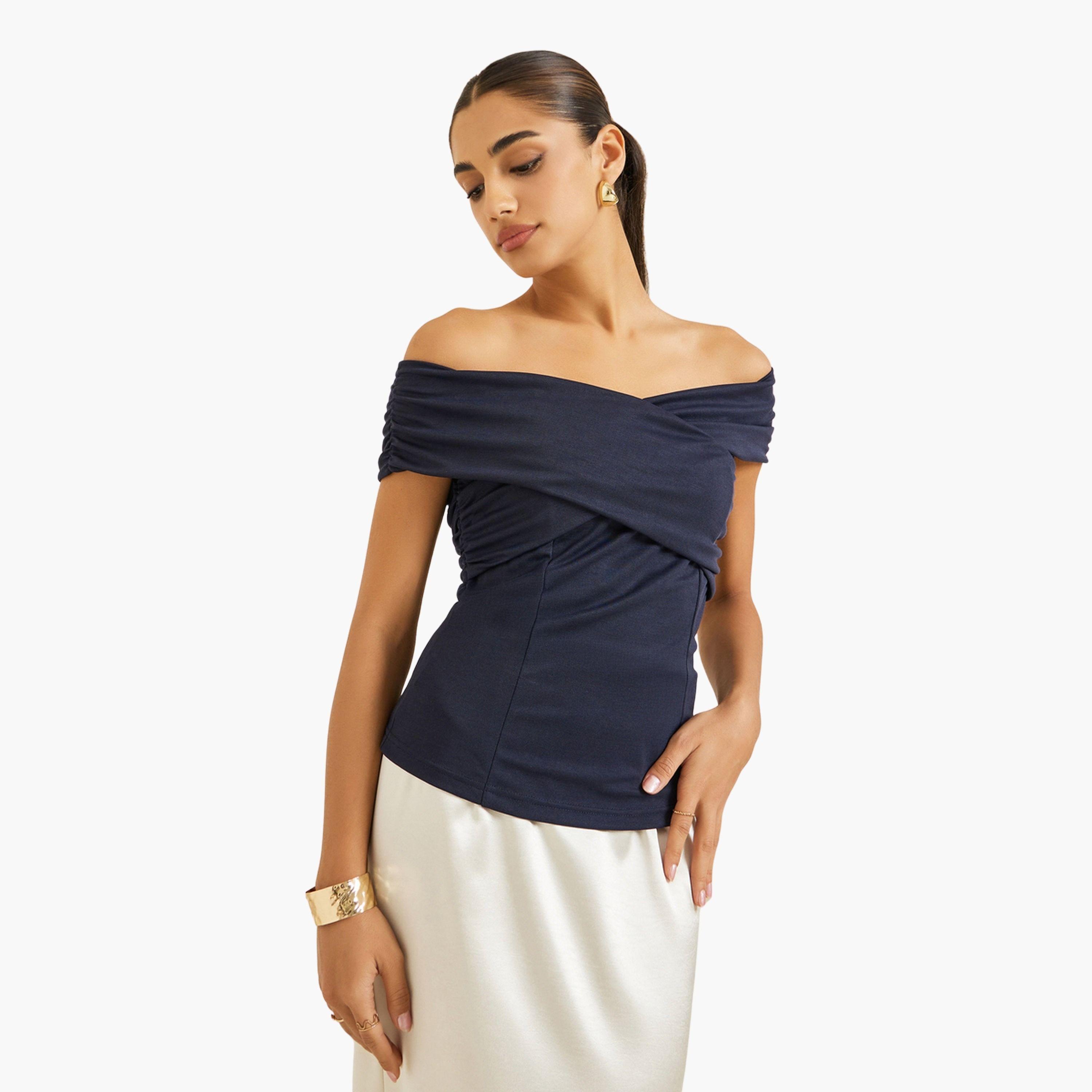Styli Women Navy Blue Off-Shoulder Knit Top-women-clothing-shirtsandblouses-blouses-image-1