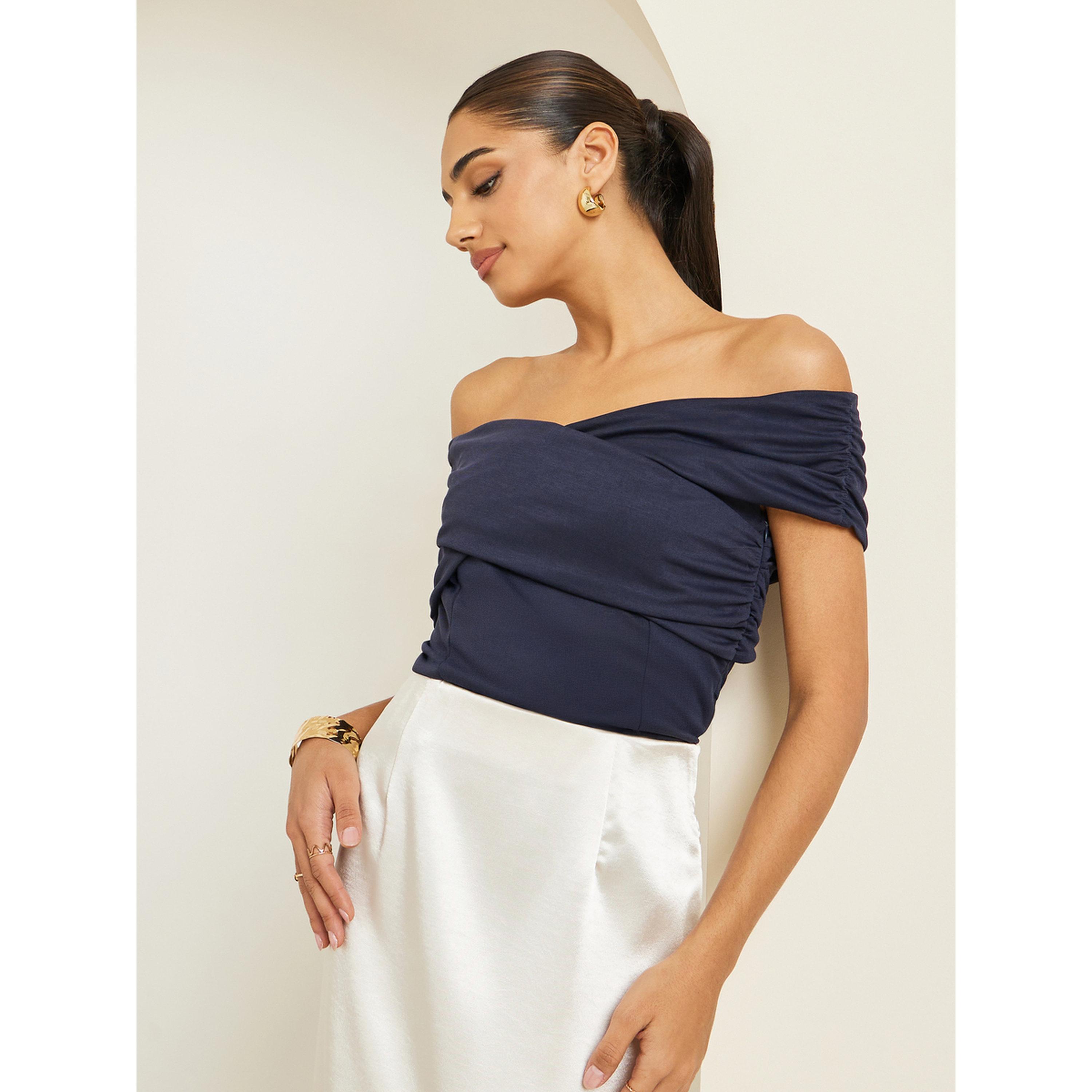 Styli Women Navy Blue Off-Shoulder Knit Top-women-clothing-shirtsandblouses-blouses-image-4
