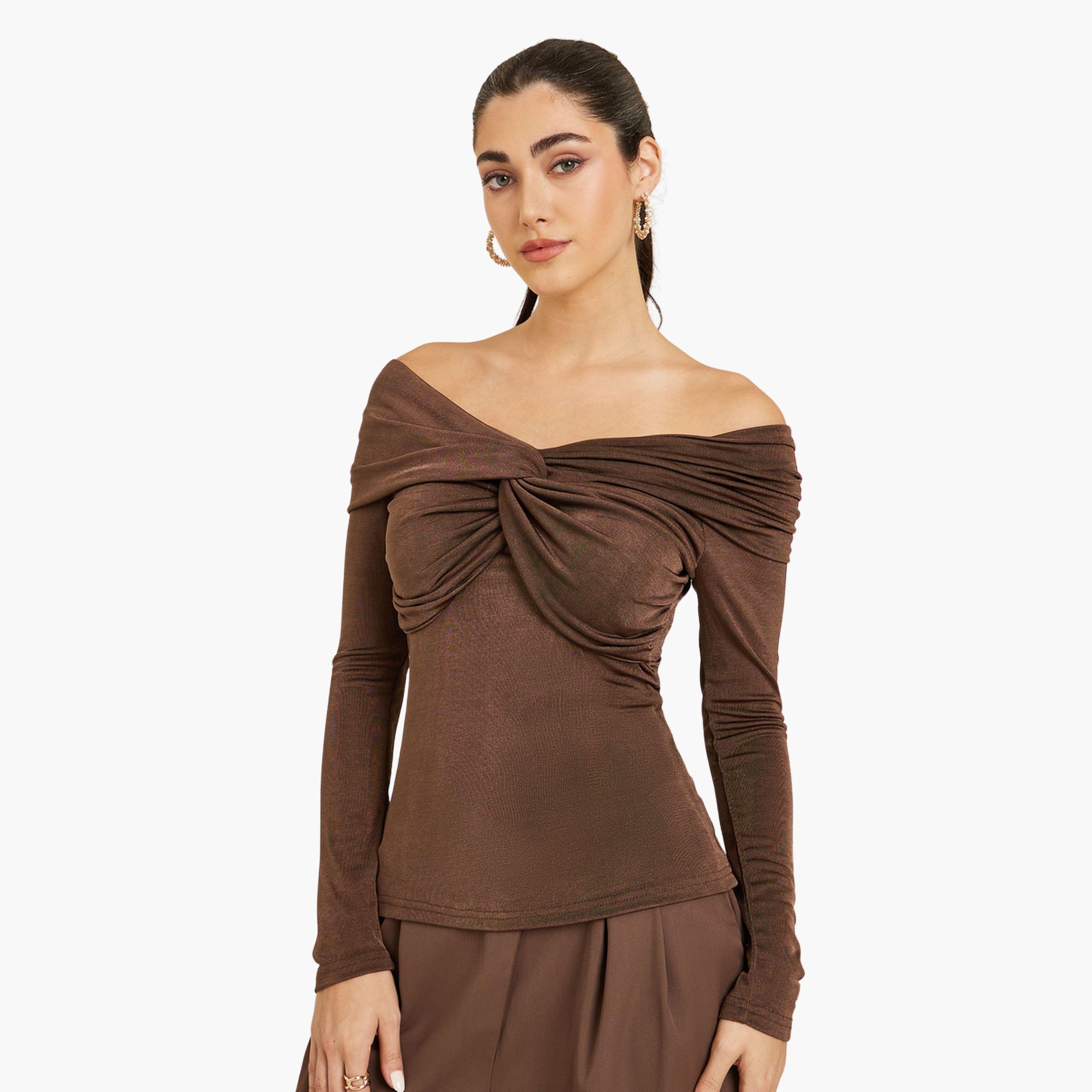 Styli Women Brown Off-Shoulder Knit Top-women-clothing-shirtsandblouses-blouses-image-1