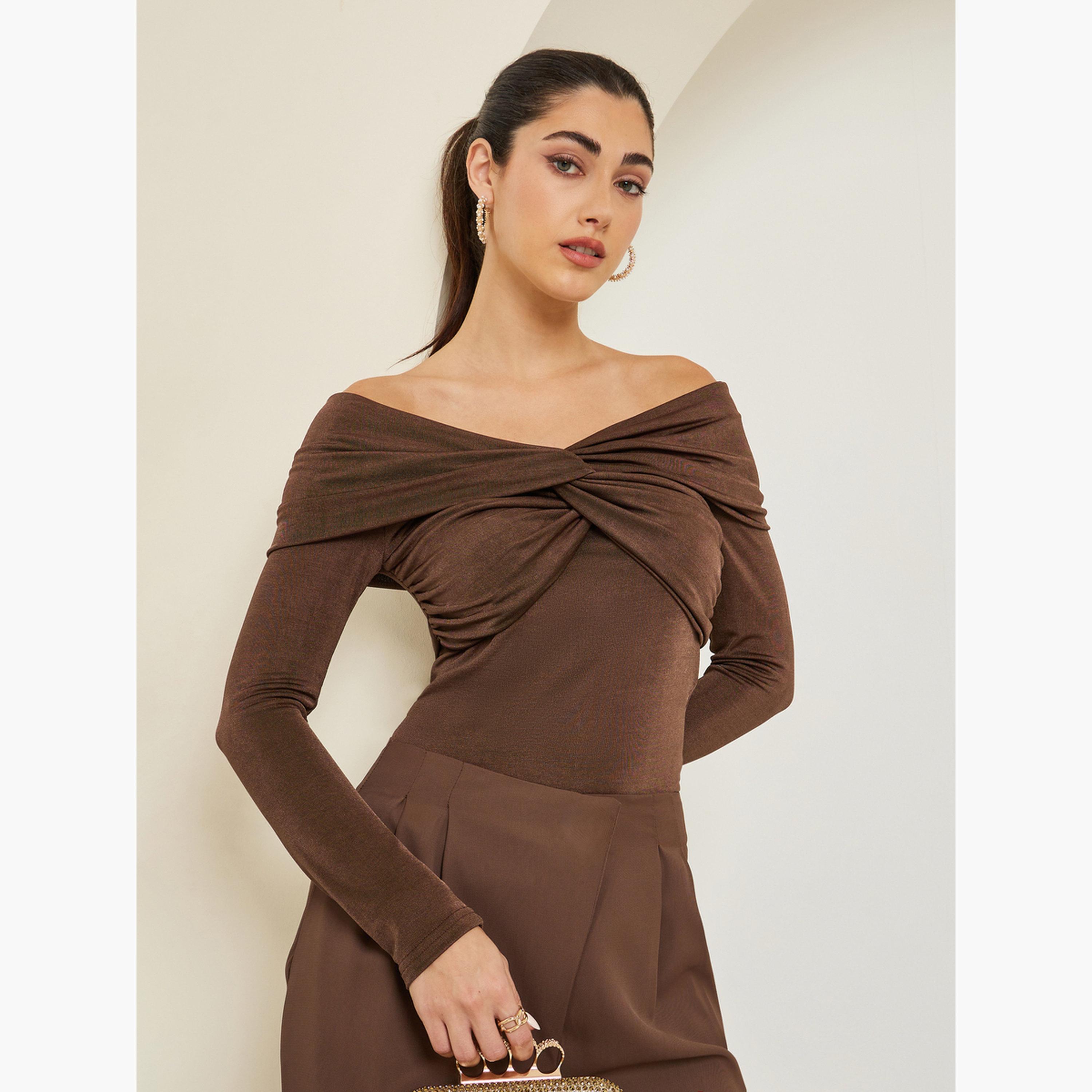 Styli Women Brown Off-Shoulder Knit Top-women-clothing-shirtsandblouses-blouses-image-3