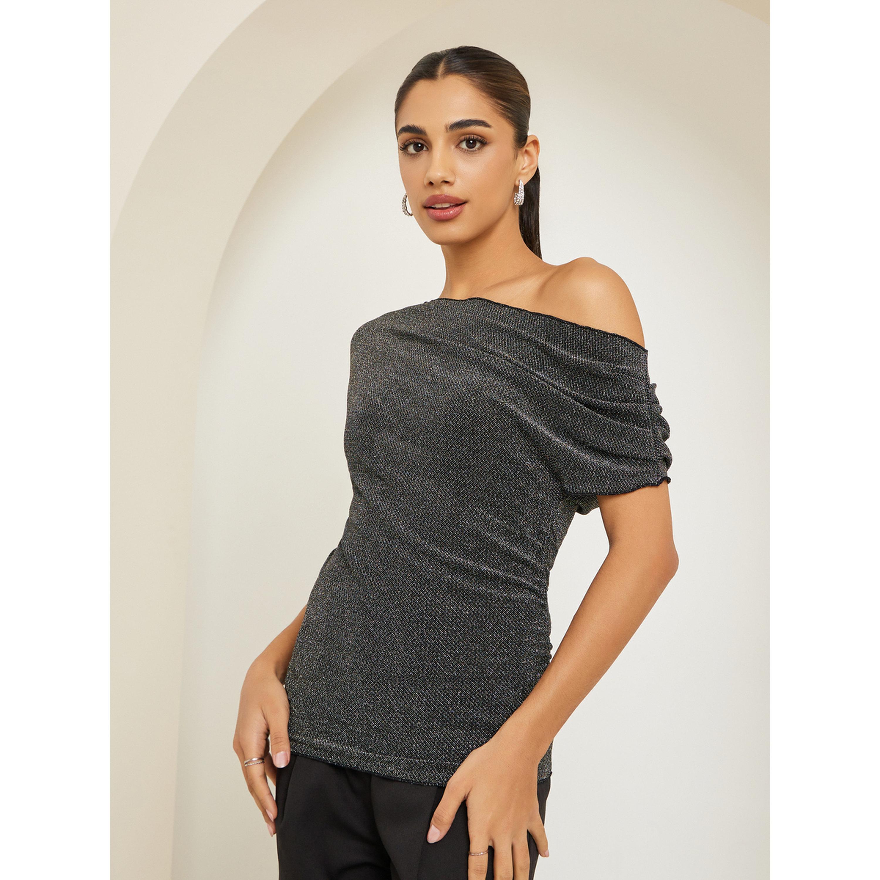 Styli Women Black Shimmer Asymmetric Neck Top-women-clothing-shirtsandblouses-blouses-image-3