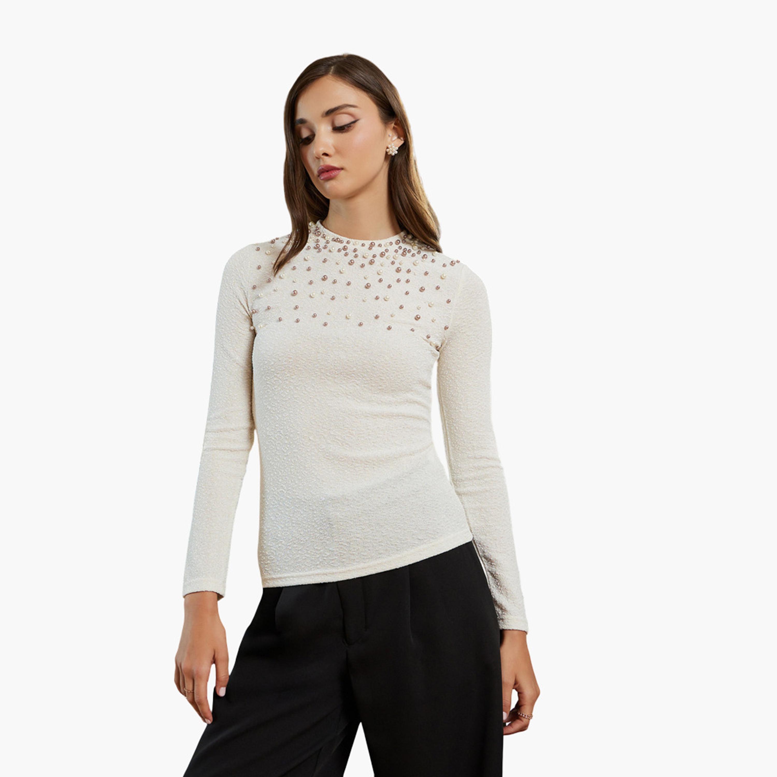 Styli Women Pearl Embellished Long Sleeve Knit Top-women-clothing-tshirts-image-1